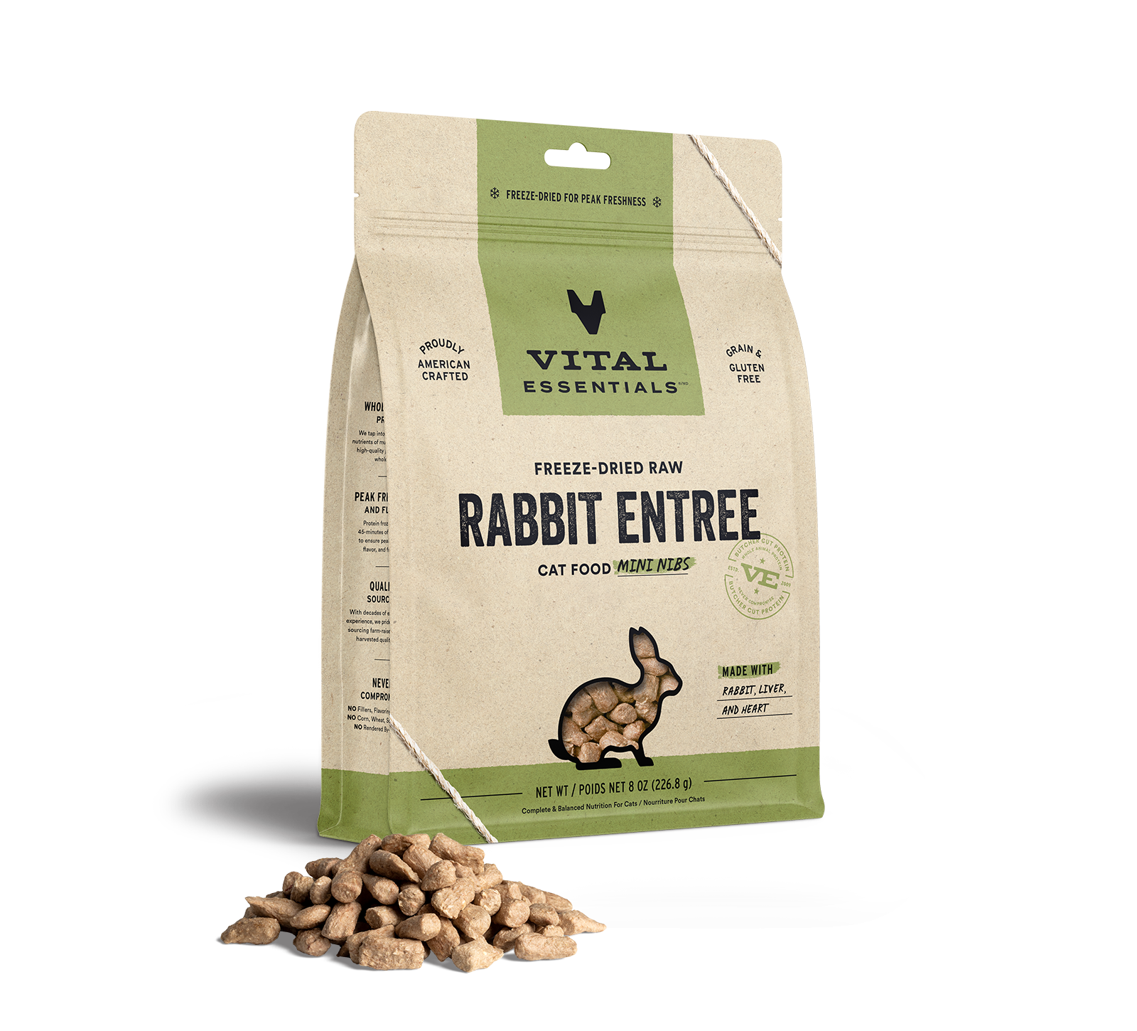 Vital Essentials Freeze-Dried Raw Rabbit Entree Cat Food Mini Nibs, 8 oz - Healing/First Aid