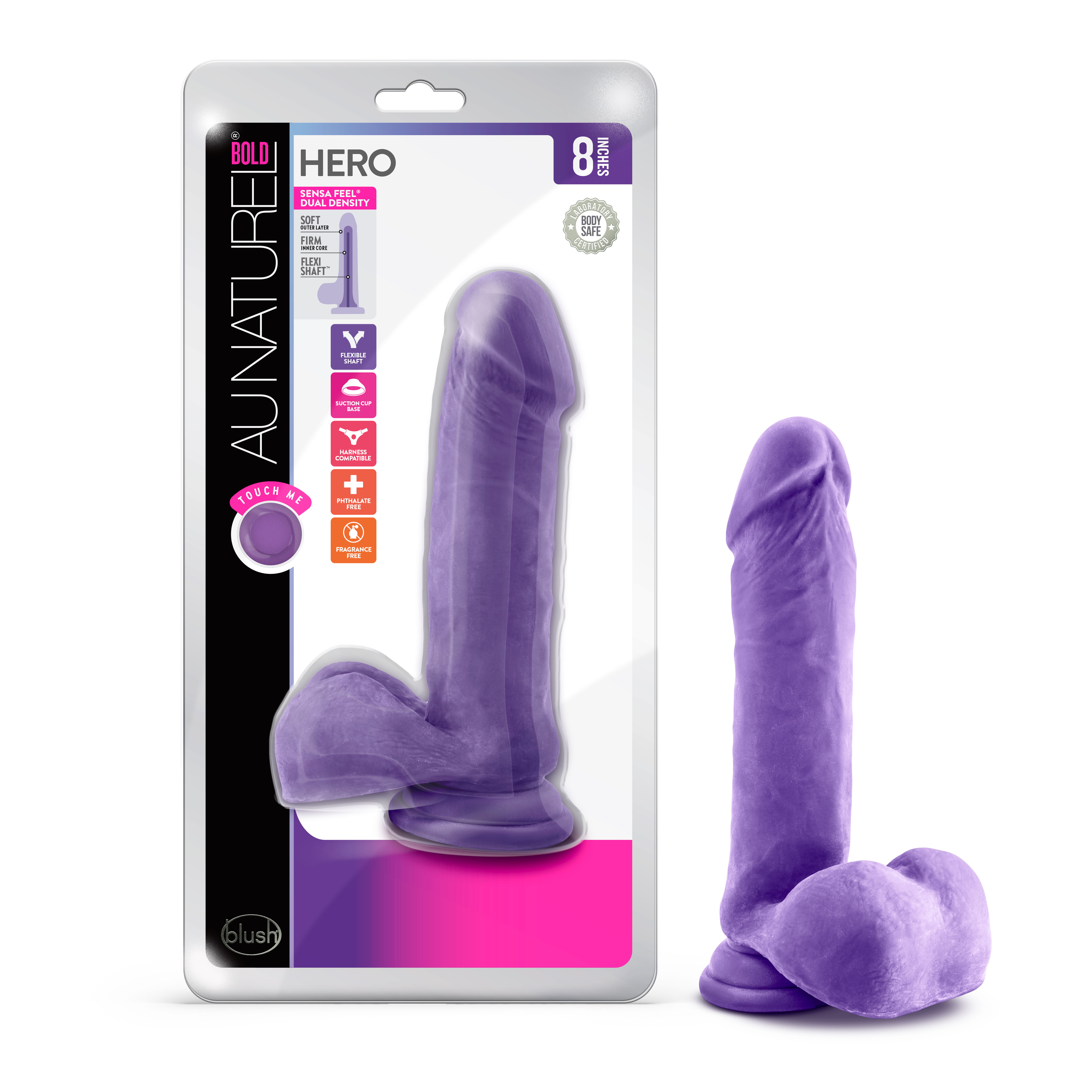 Blush Au Naturel Bold Hero Realistic Purple 8-Inch Long Dildo With Balls & Suction Cup Base