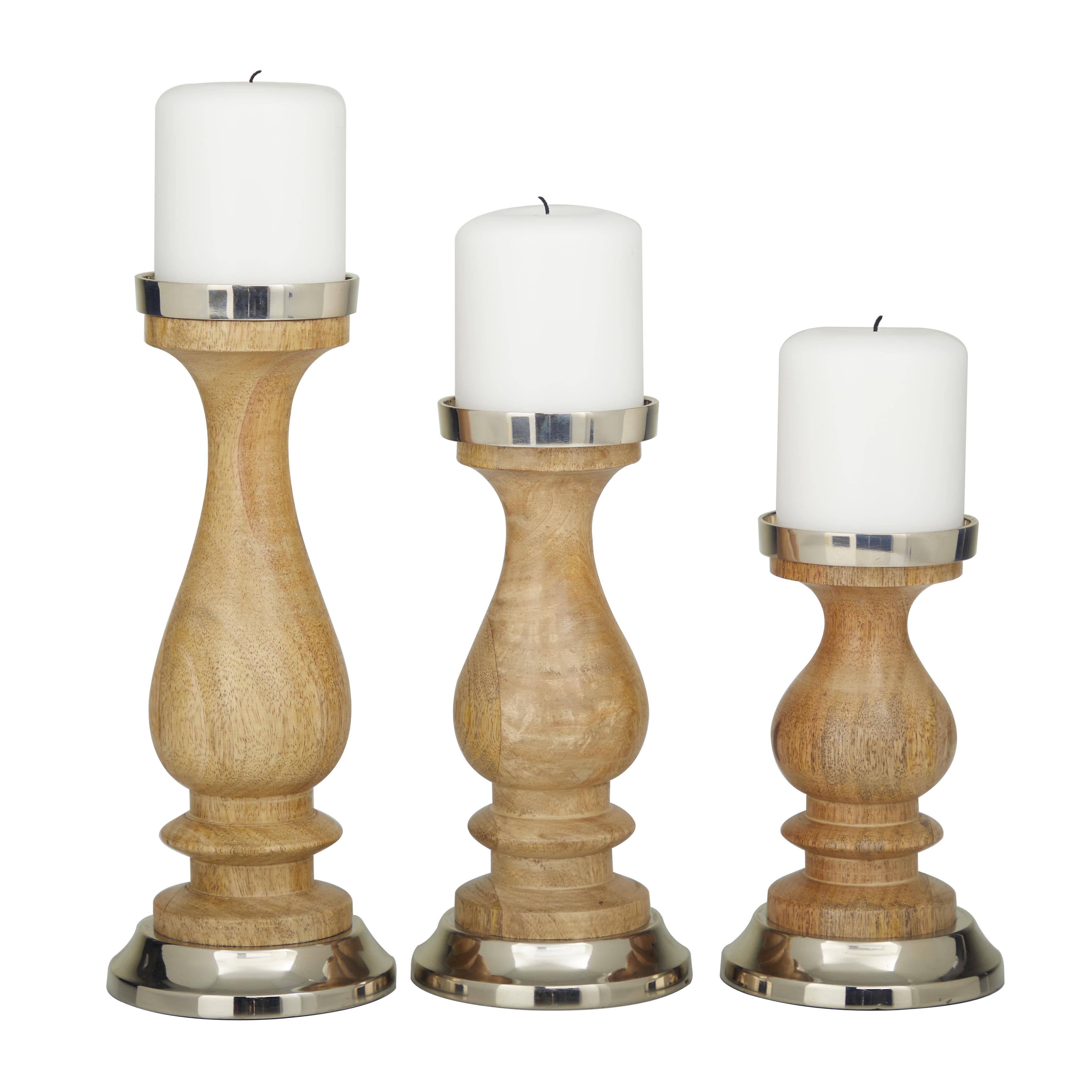 (2 set) Silver Wood  Candle Holder, Set of 3 12\", 10\", 8\"H