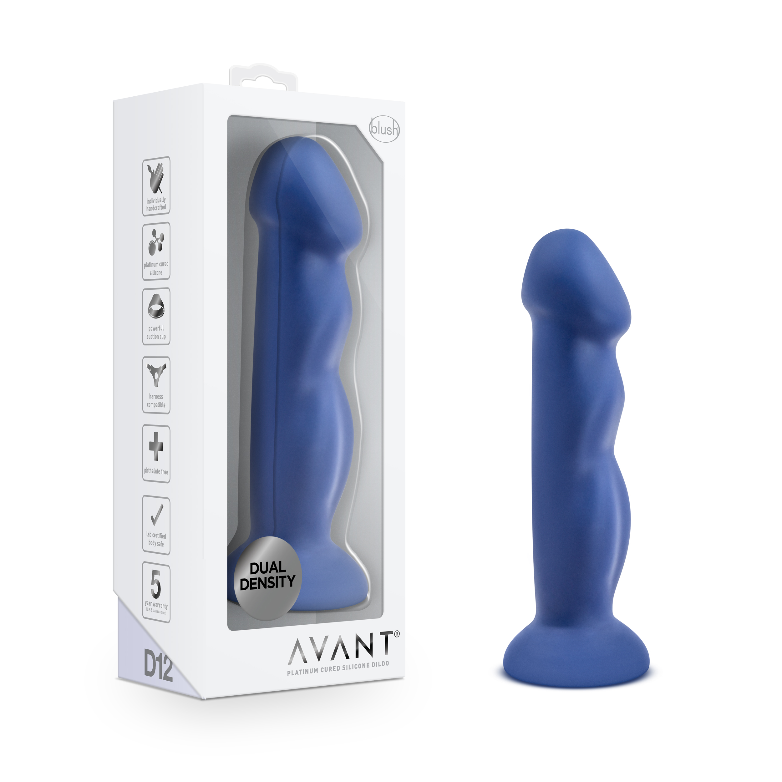 Blush Avant / Suko Indigo D12: Artisan 8 Inch Curved G-Spot Dildo with Suction Cup Base - Elegantly Made with Smooth Ultrasilk? Purio? Silicone