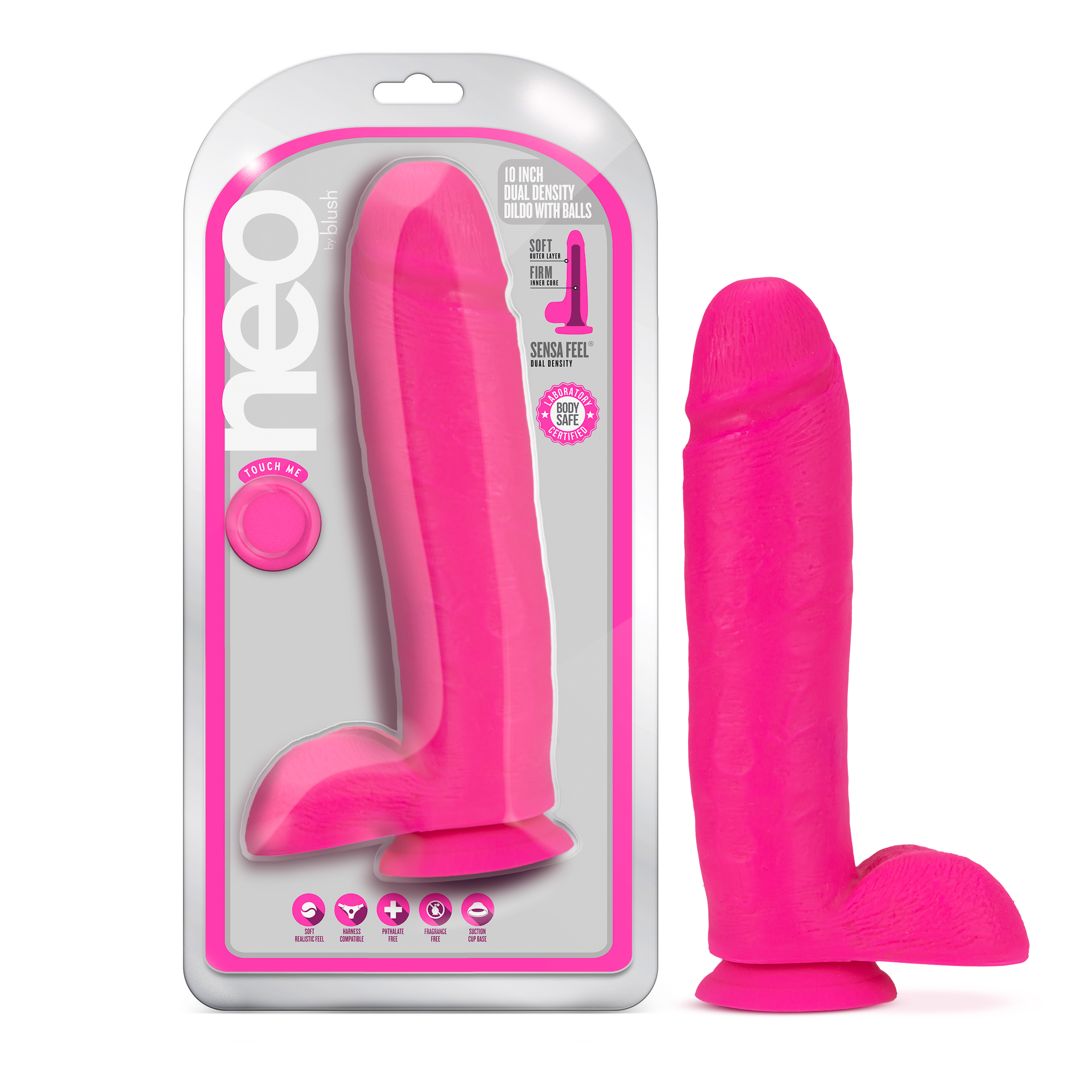 Blush Neo Realistic Neon Pink 10.5-Inch Long Dildo With Balls & Suction Cup Base