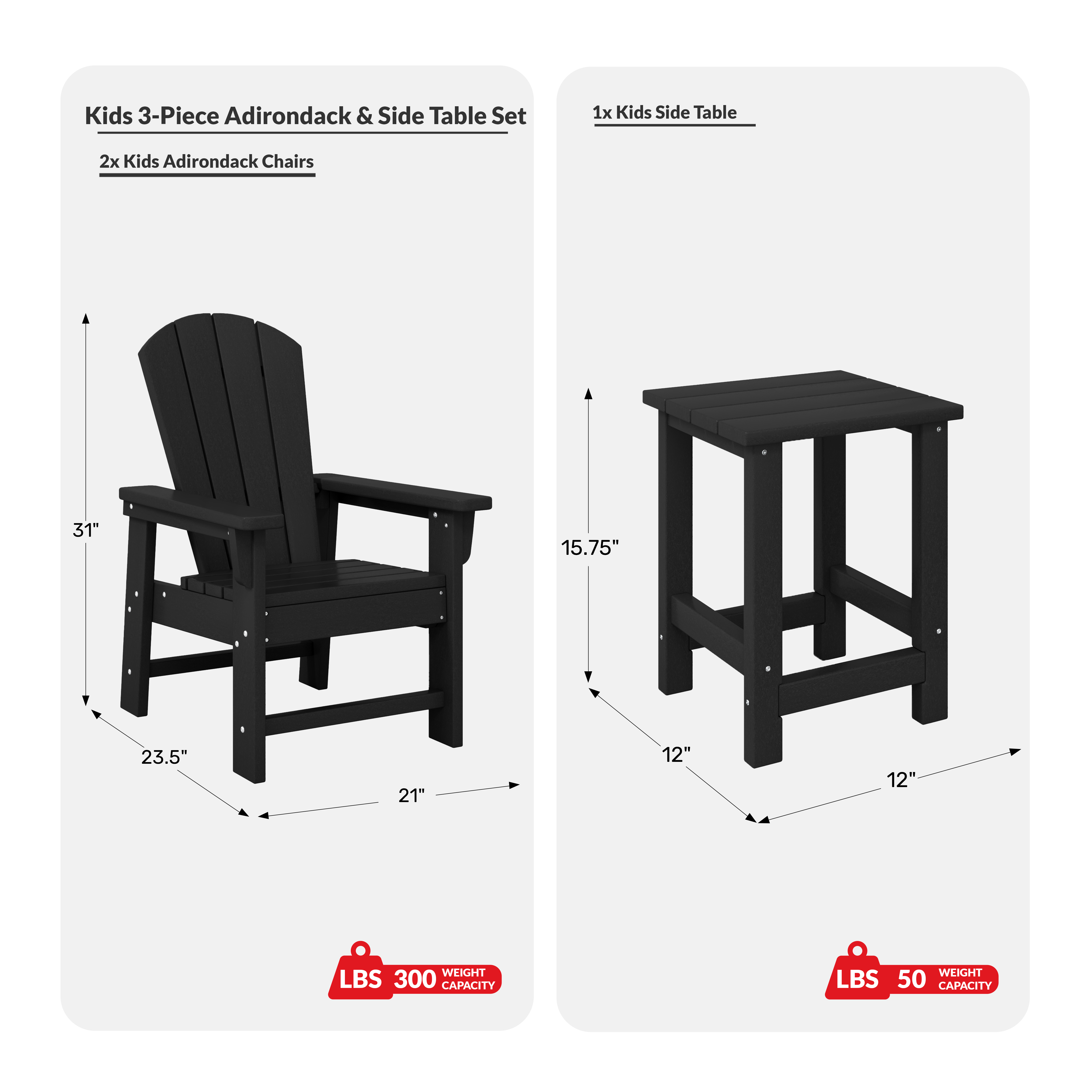 Kids 3-Piece Outdoor HDPE Adirondack Chairs With Square Side Table SetCOS Spec Image