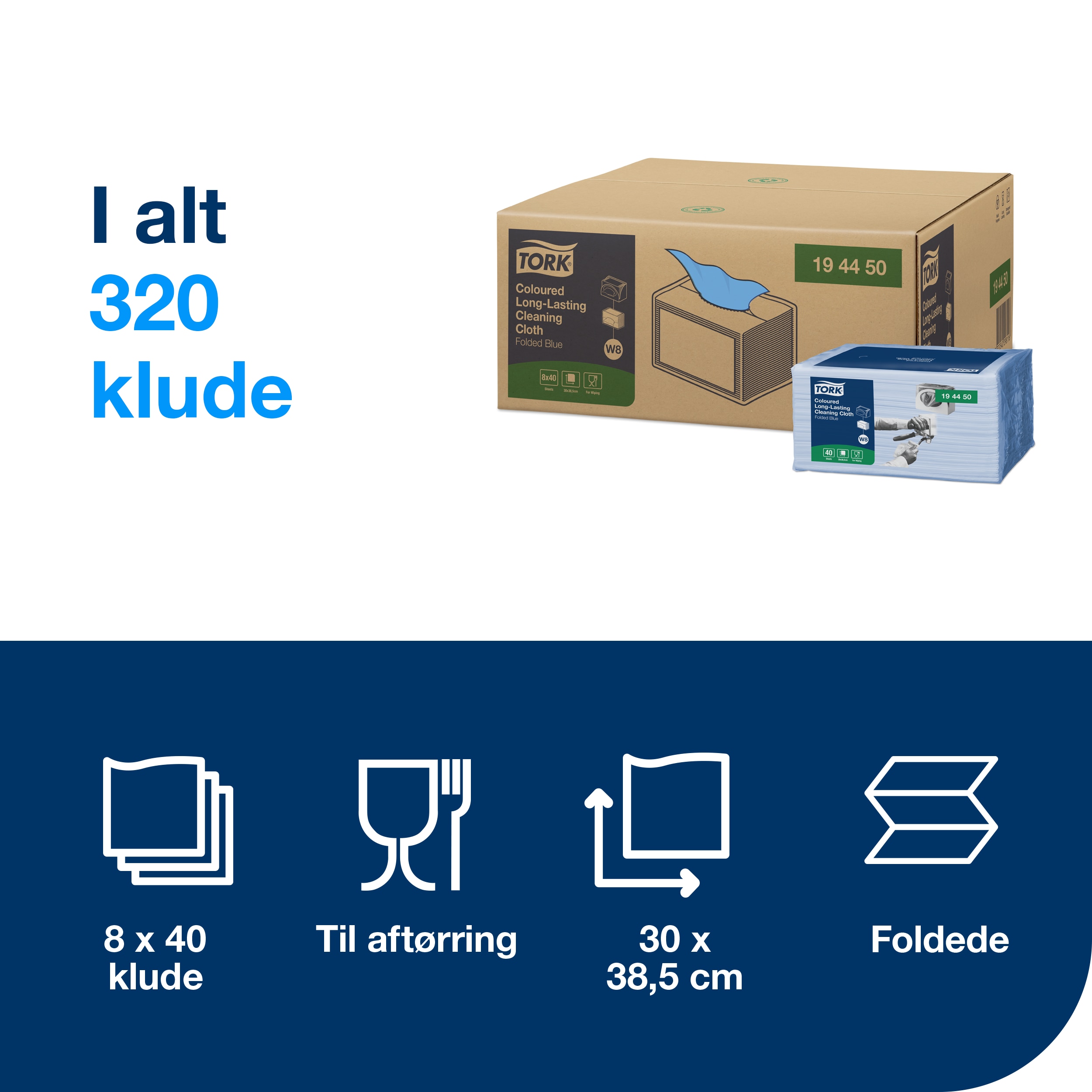 Aftørringsklud, Allround, Blå, 40 klude, Tork W8