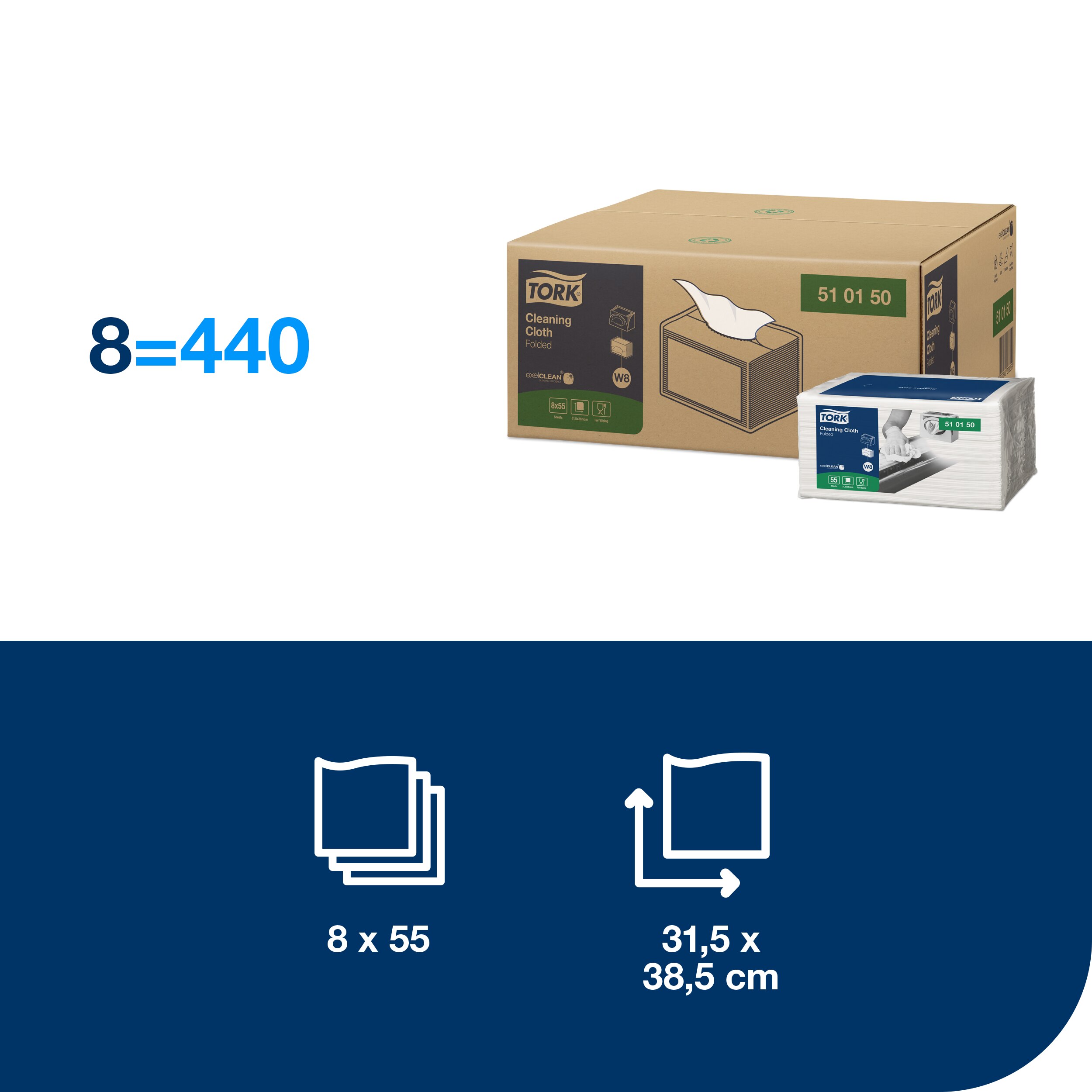 Aftørringsklud, Allround, Hvid, 440 klude, Tork W8