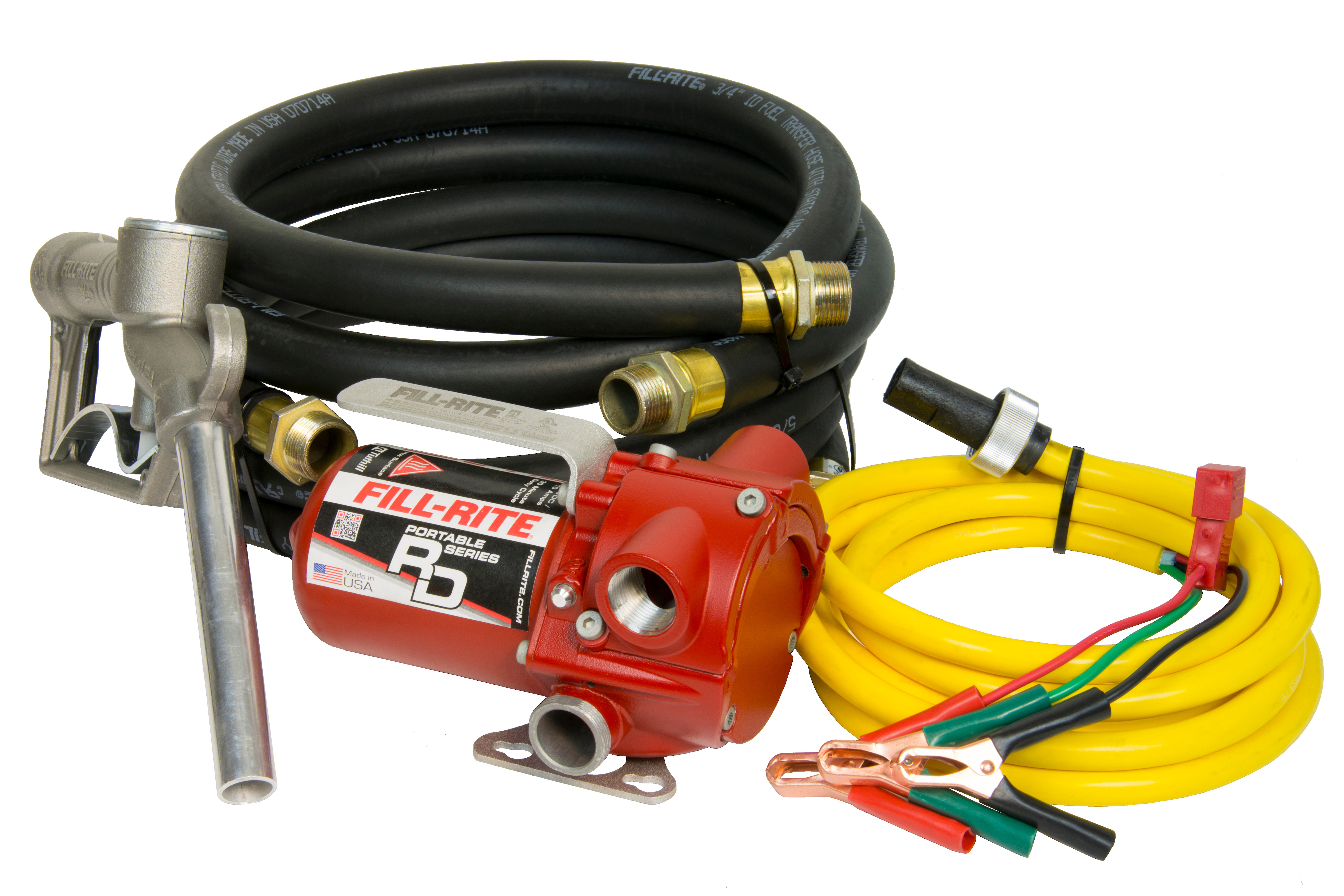 Fill-Rite RD812NH 12V 8 GPM Portable Fuel Transfer Pump w/Discharge Hose, Manual Nozzle, Power Cable/Clips, & Suction Hose