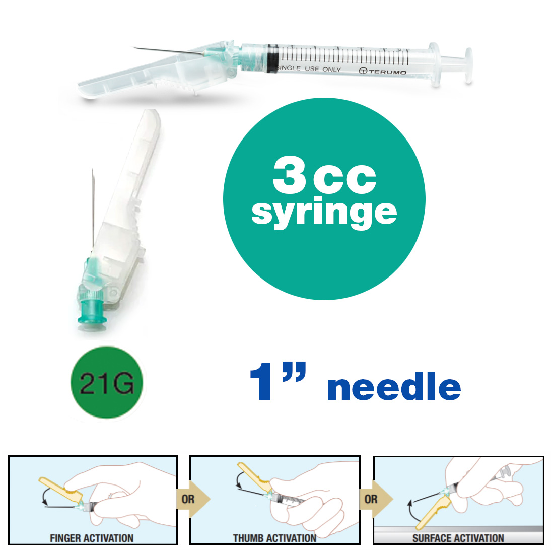 SurGuard® 3 Safety Hypodermic Needle, 3CC Syringe with 21G x 1" Needle - 100/Box