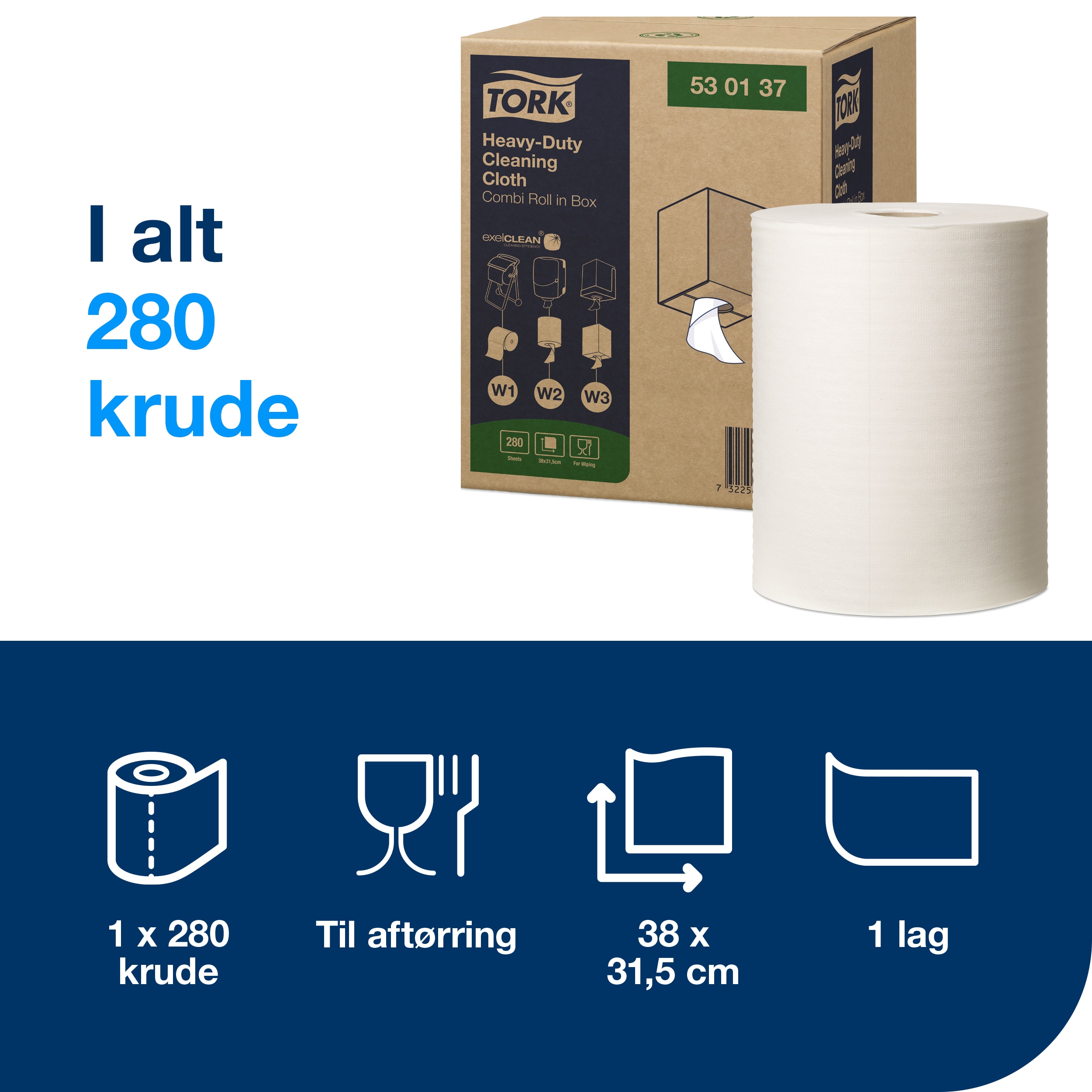 Aftørringsrulle, Udvendig oprulning og centertræk, 1 lag, 1 rulle, Tork Premium W1/W2/W3