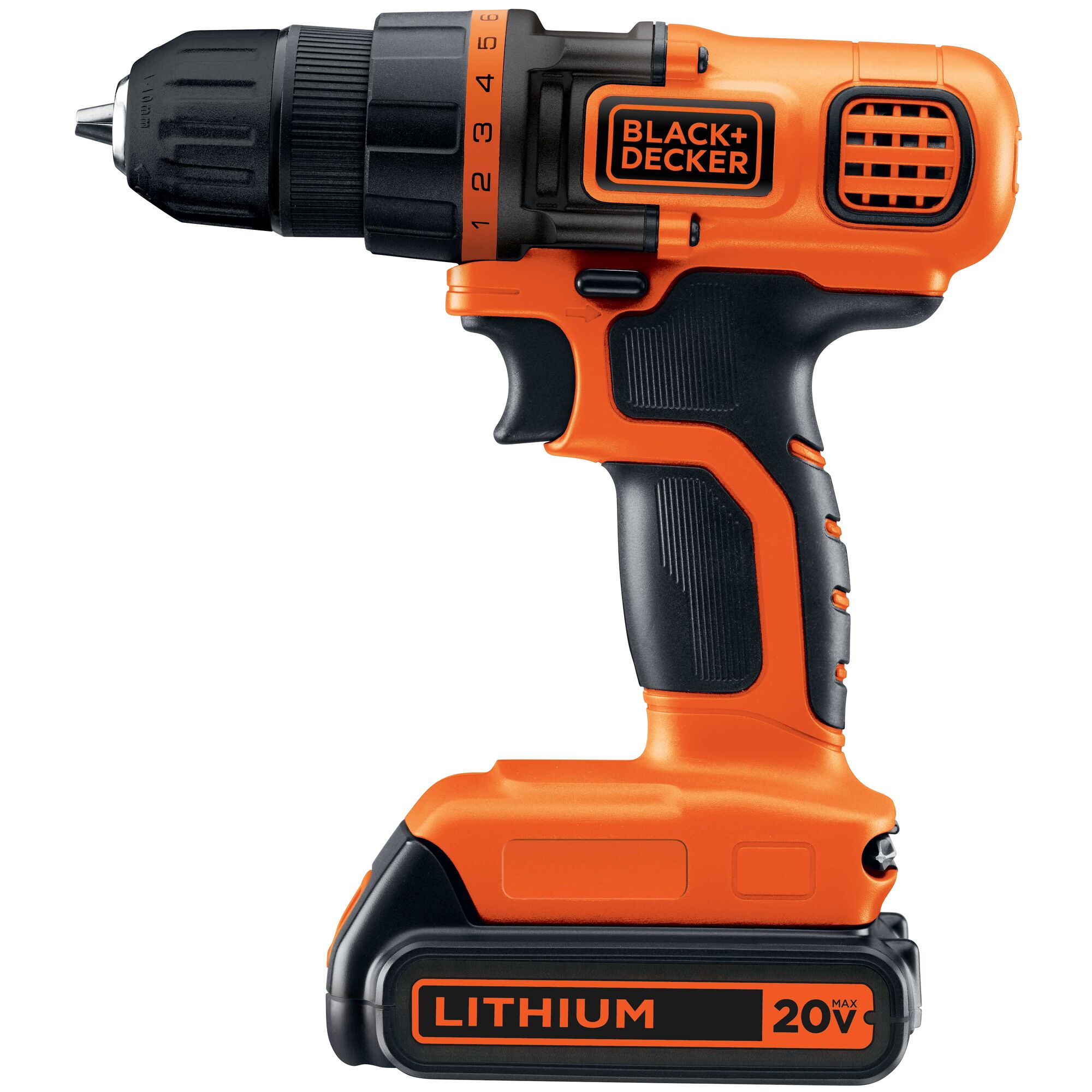Profile of 20 volt cordless lithium drill or driver.