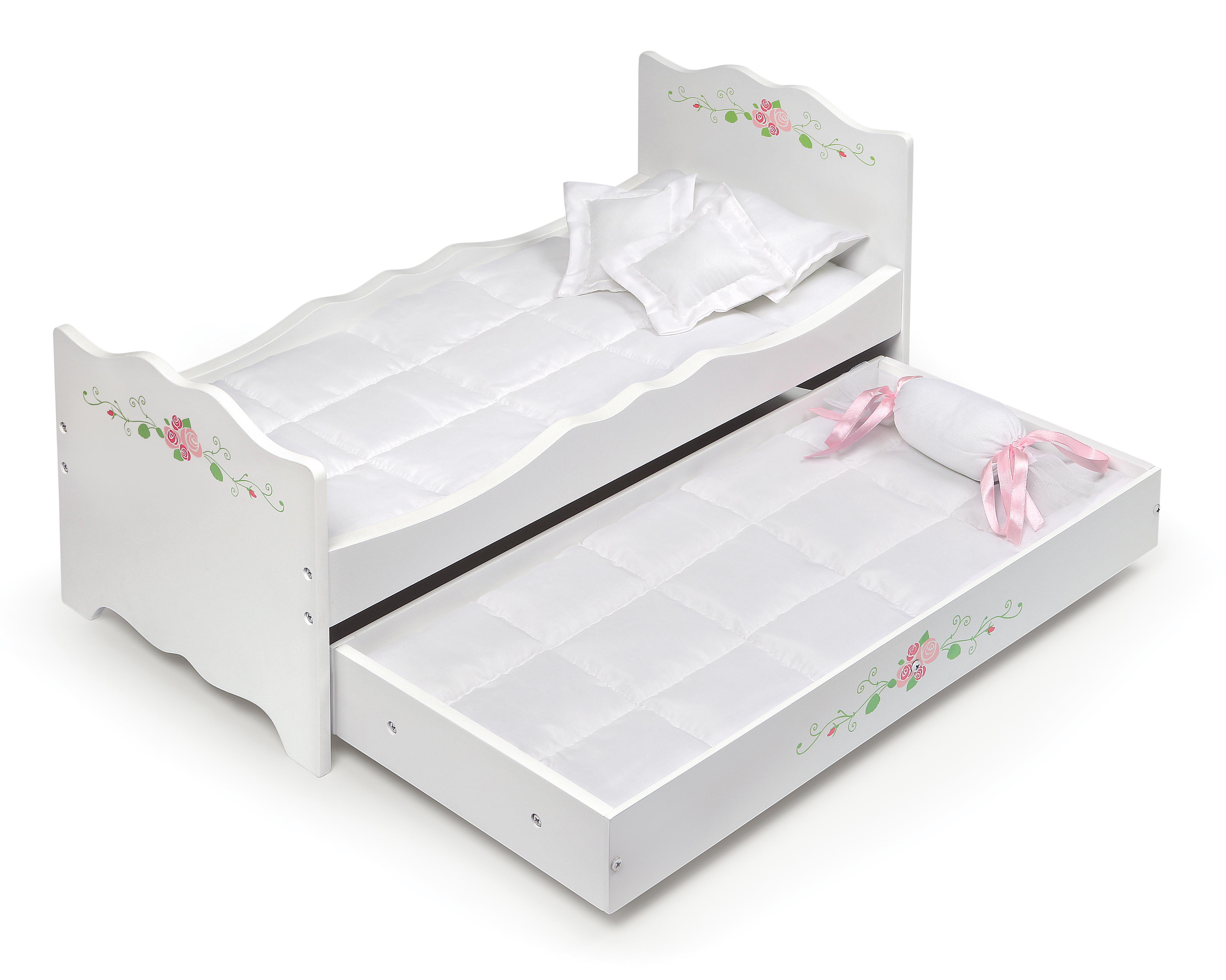 Doll Bed with Trundle and Bedding - White Rose