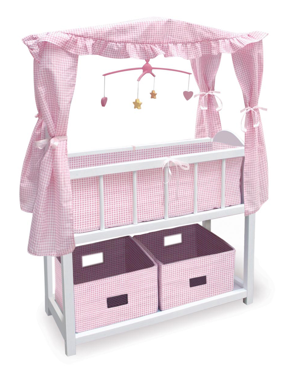 Canopy Doll Crib with Baskets, Bedding, and Mobile - White/Pink