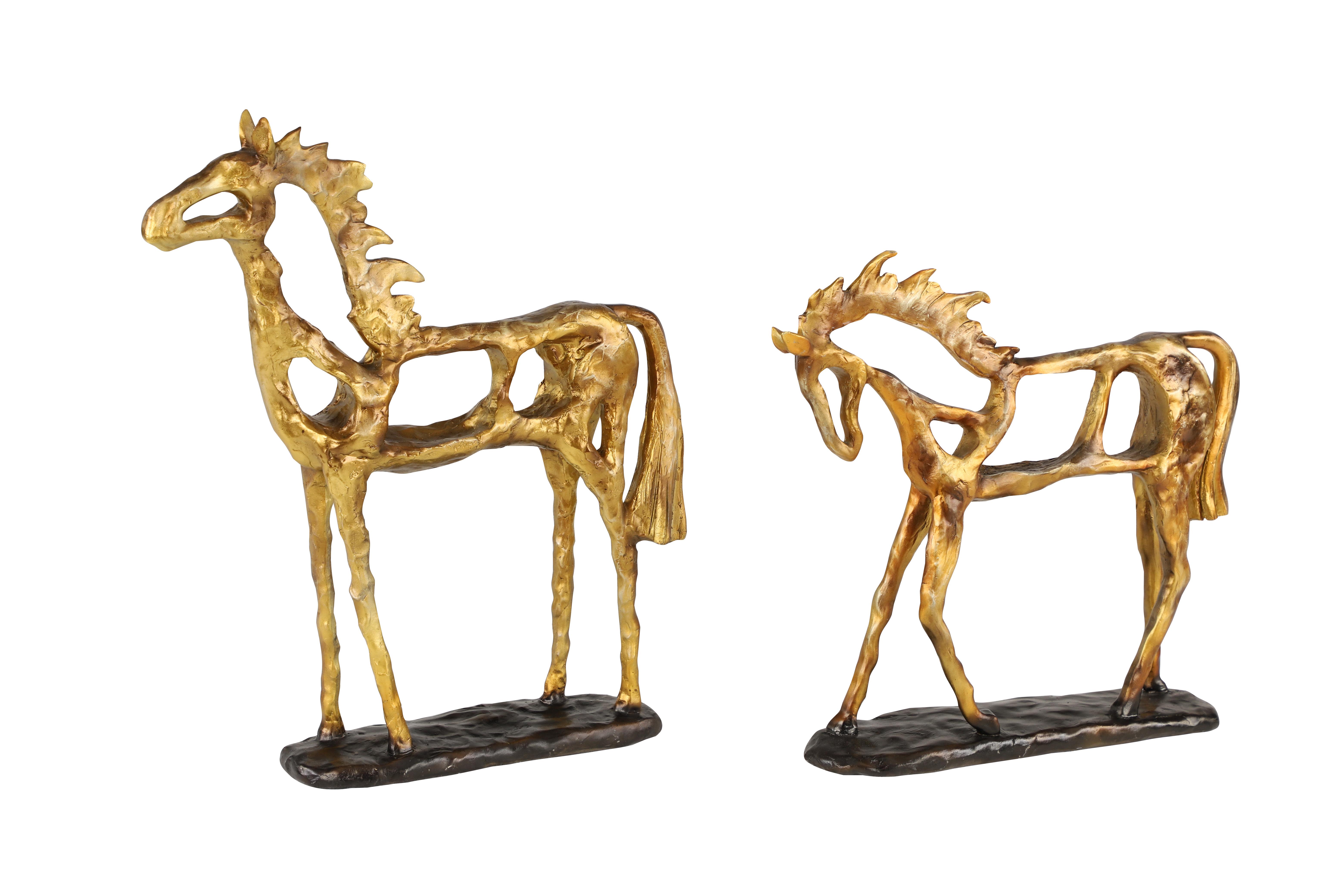 Tall Textured Resin Metallic Gold Horse Statues on Bronze Stands, Set of 2, 14" x 3" x 14"