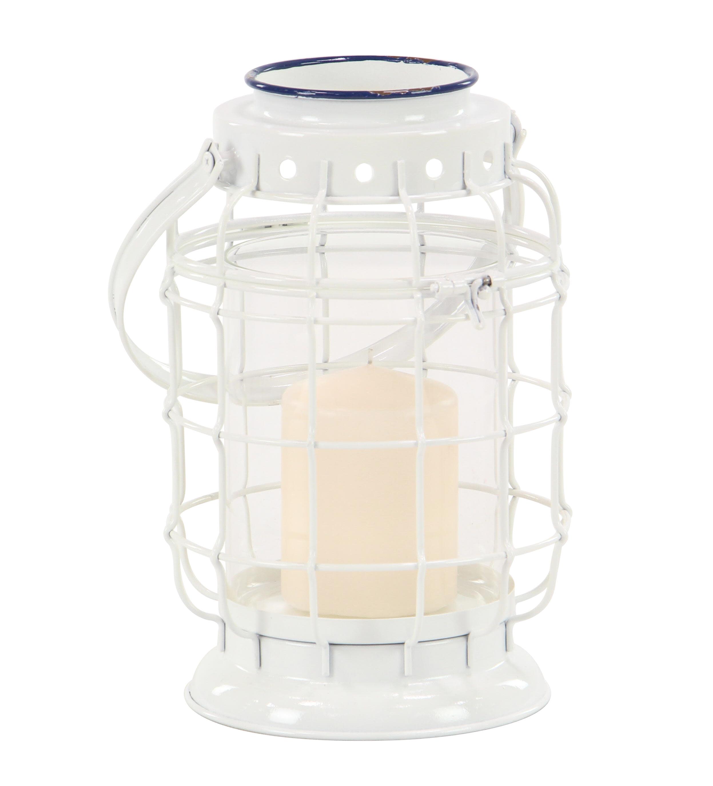 white metal candle lantern, 6" x 6" x 10"