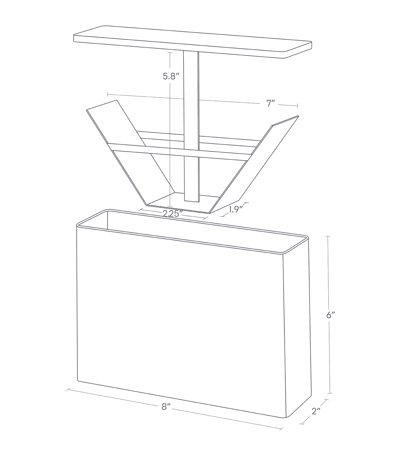 Dimensino image of Coffee Filter Case with a case height of 6", case depth of 2", and case width of 8". The base of the coffee filter holder insert is 2.25" wide and 1.9" deep, and the height of the insert is 5.8" tall. The width between the two side panels of the filter holder insert at the top is 7".