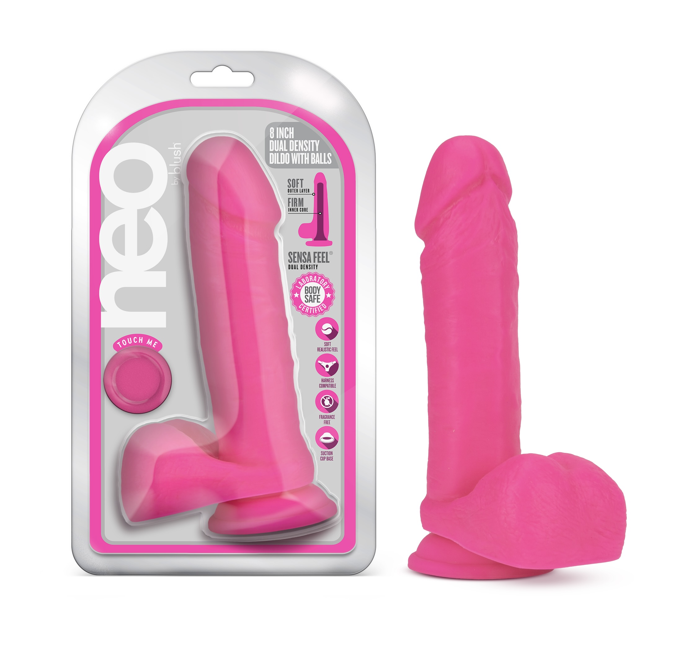 Blush Neo Realistic Neon Pink 8-Inch Long Dildo With Balls & Suction Cup Base