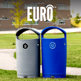 grey plastic waste bin with canopy lid and front load liner with locking door on a boardwalk at the beach