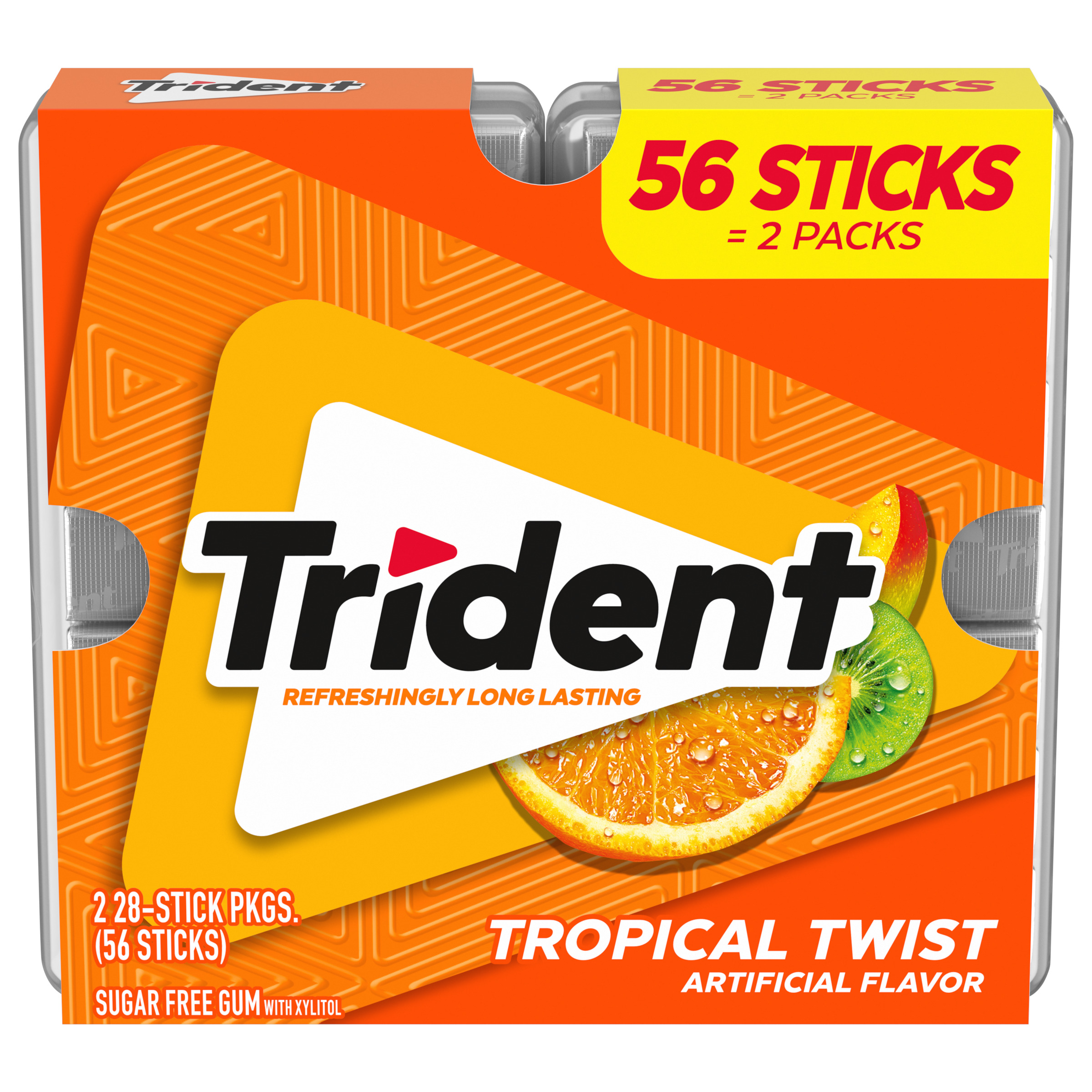 Trident Tropical Twist Sugar Free Gum, 2 Pocket Packs of 28 Pieces (56 Pieces Total)-1