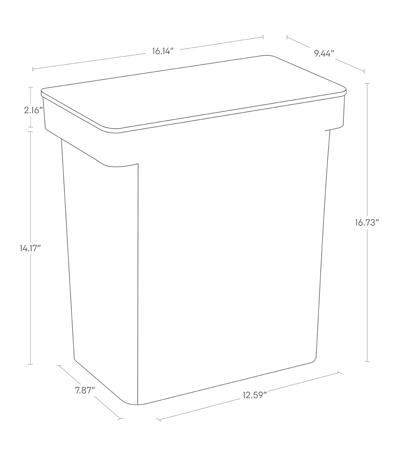 Dimension Image for Airtight Rolling Trash Can on a white background showing height of 16.72