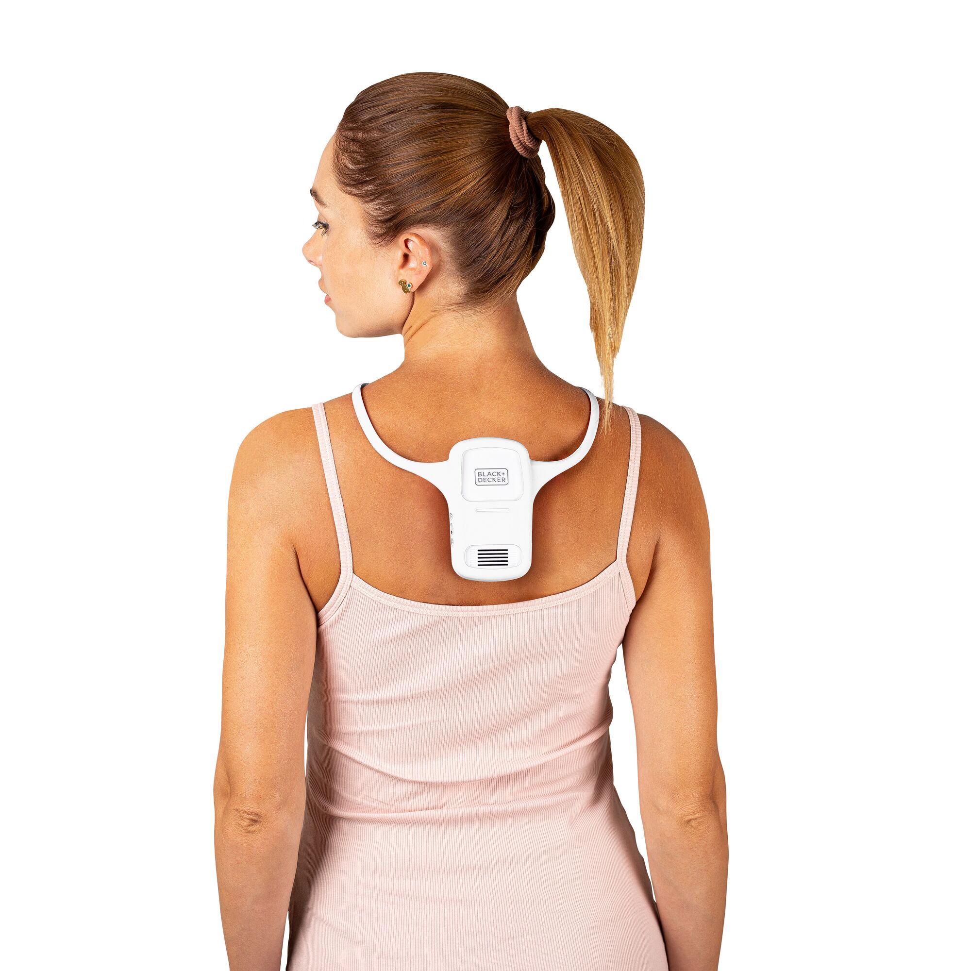 rear view of the comfortpak™ device in the cloud white 360° lanyard worn around the back of a woman's neck