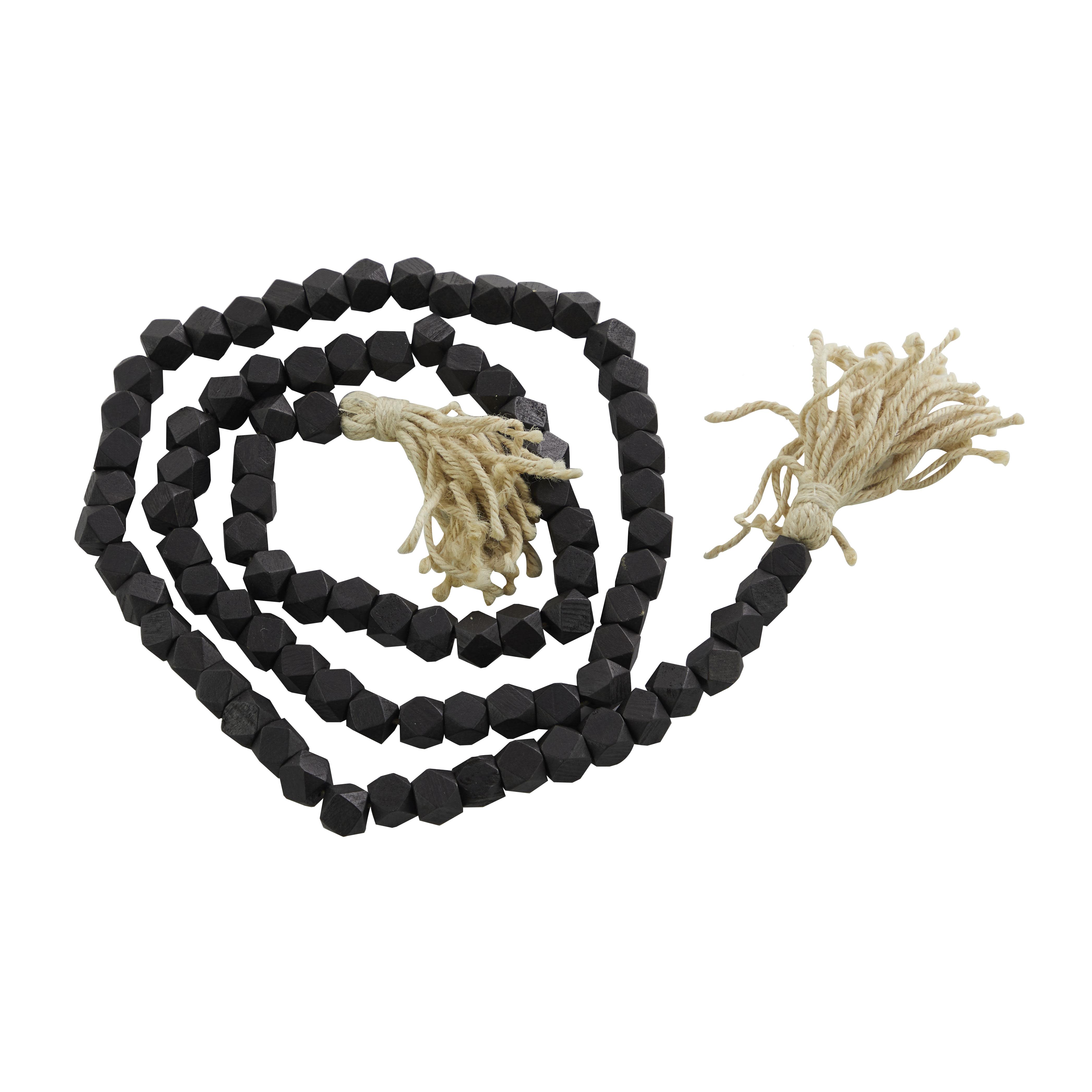 Black Mango Wood  Handmade Hexagon Carved Geometric Long Beaded Garland with Tassel, 80" x 1" x 1"