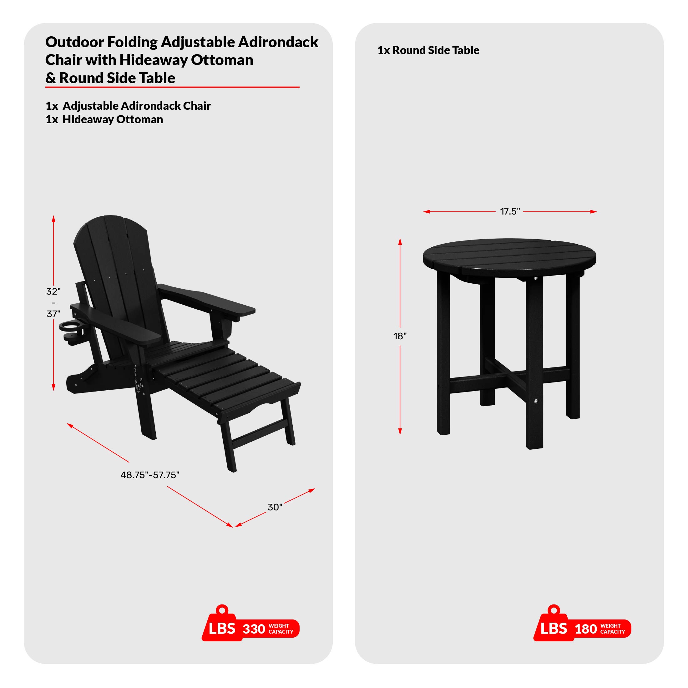 2-Piece Outdoor Folding Adjustable Adirondack Chair with Cup Holder & Hideaway Ottoman and 18