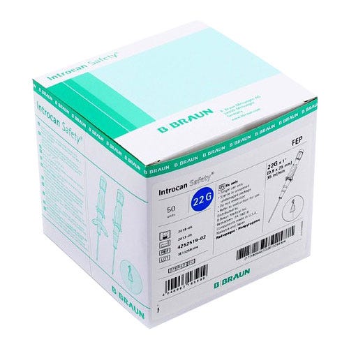 Introcan® Safety IV Catheter, 22G x 1", Straight, Teflon® - 50/Box