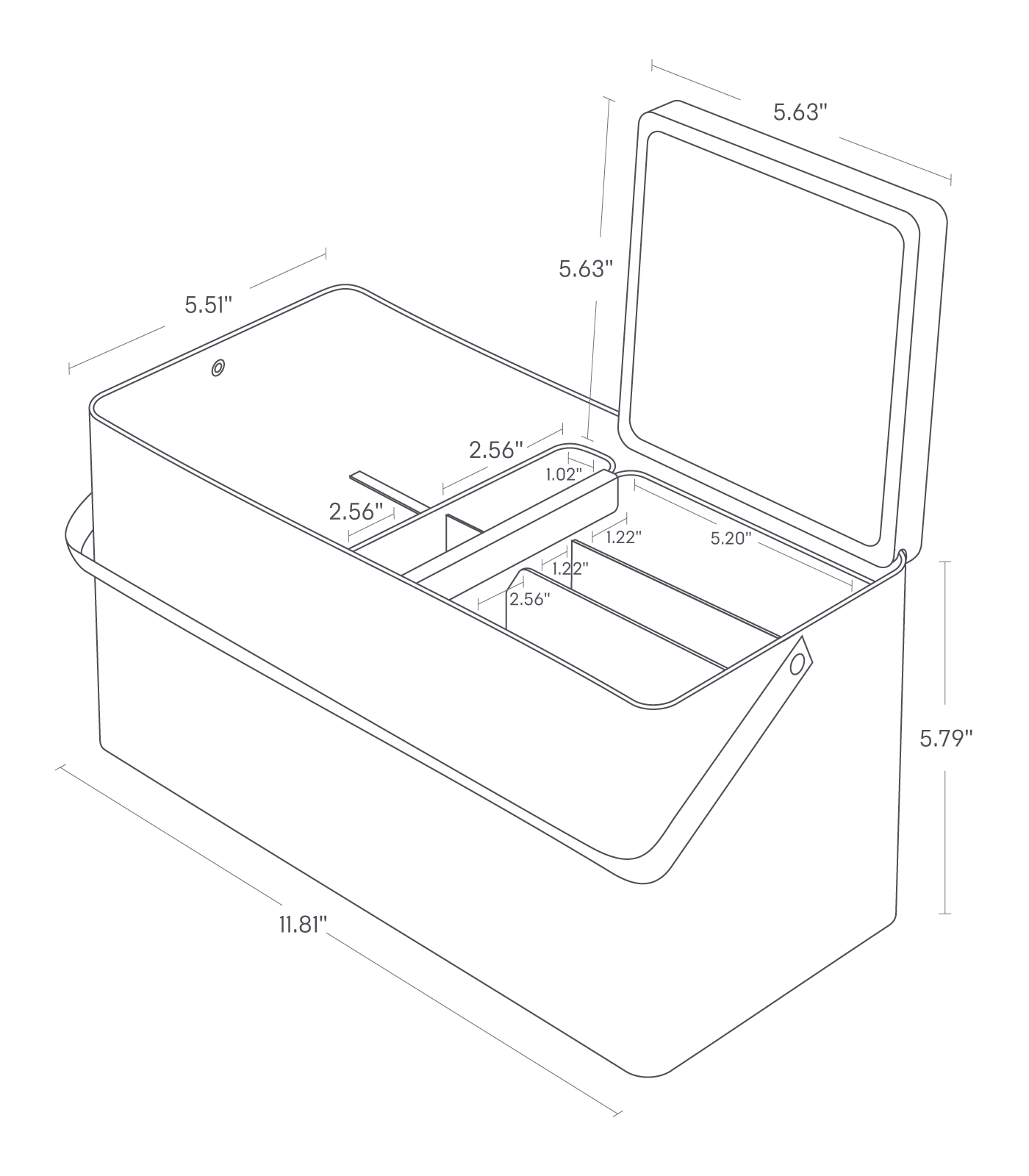 Dimension image for Makeup Organizer with Mirror showing a total length of 11.81", width of 5.51" and height of 5.79". Large inner tray dimensions of 5.20" spaced out by 1.22" and 2.56". Smaller tray width of 1.02" and 2 2.56" compartments.