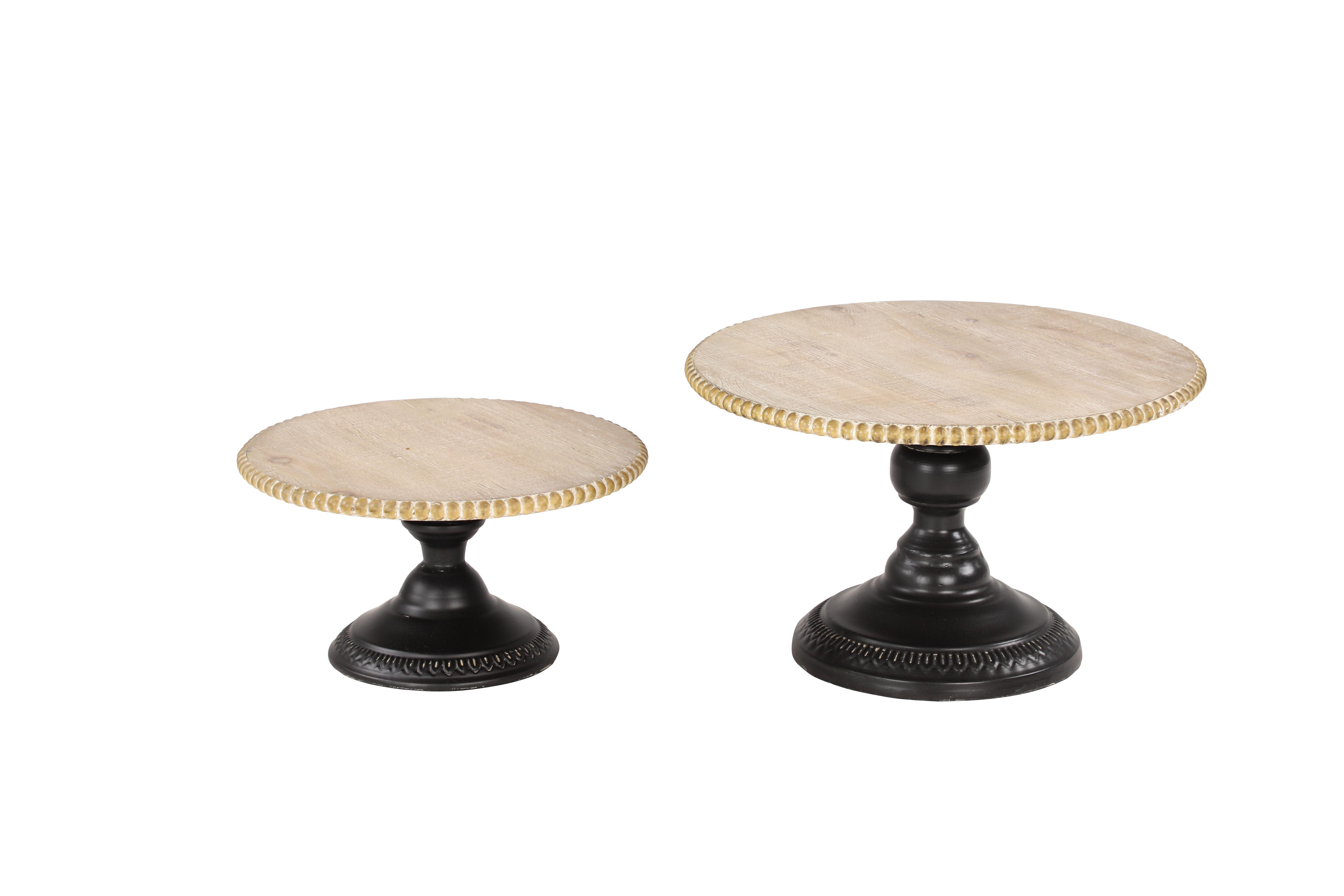 (Case of  2 sets ). Light Brown Wood  Decorative Cake Stand with Black Base, Set of 2 13\", 11\"W