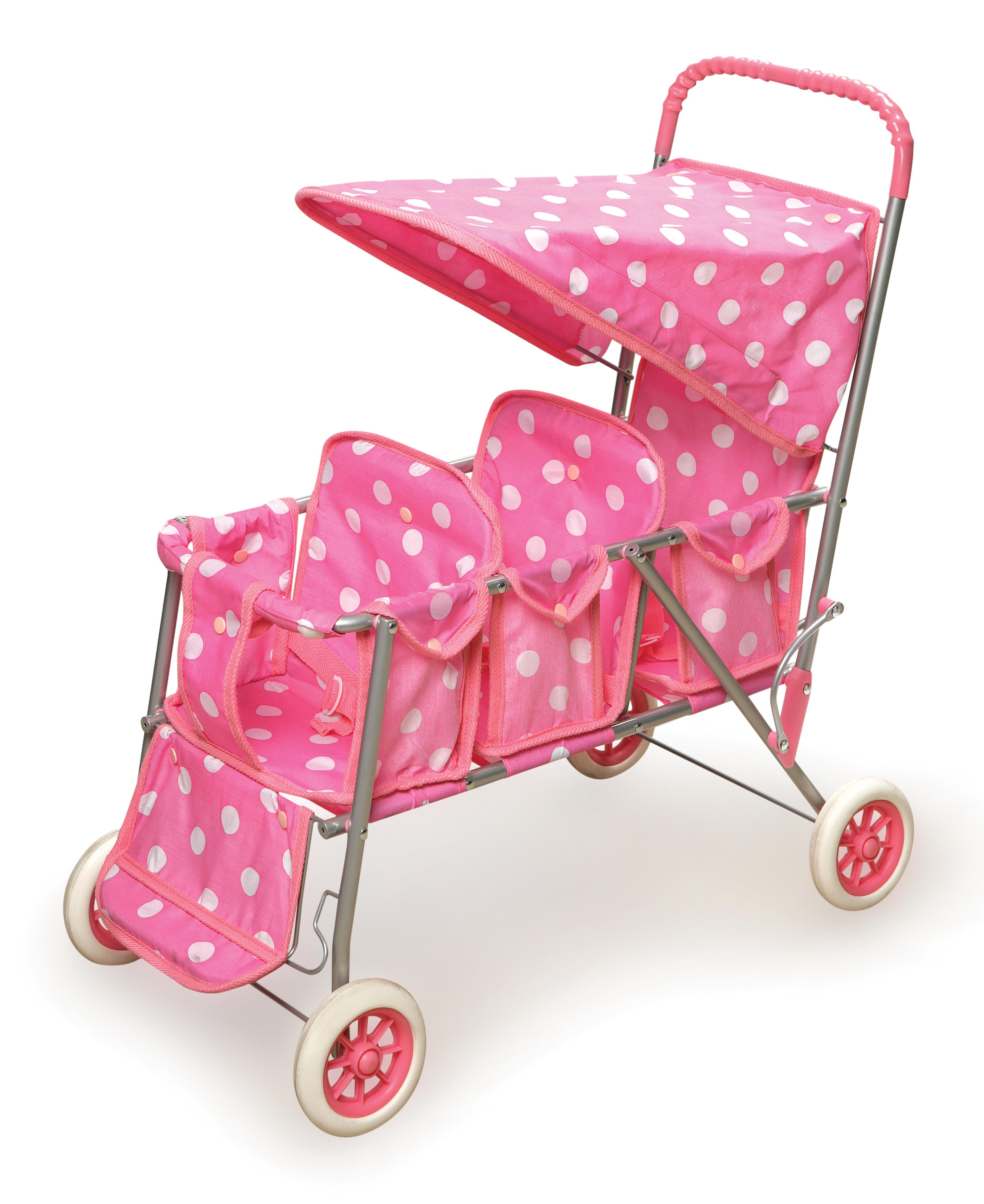 Folding Triple Doll Stroller - Pink/Polka Dots