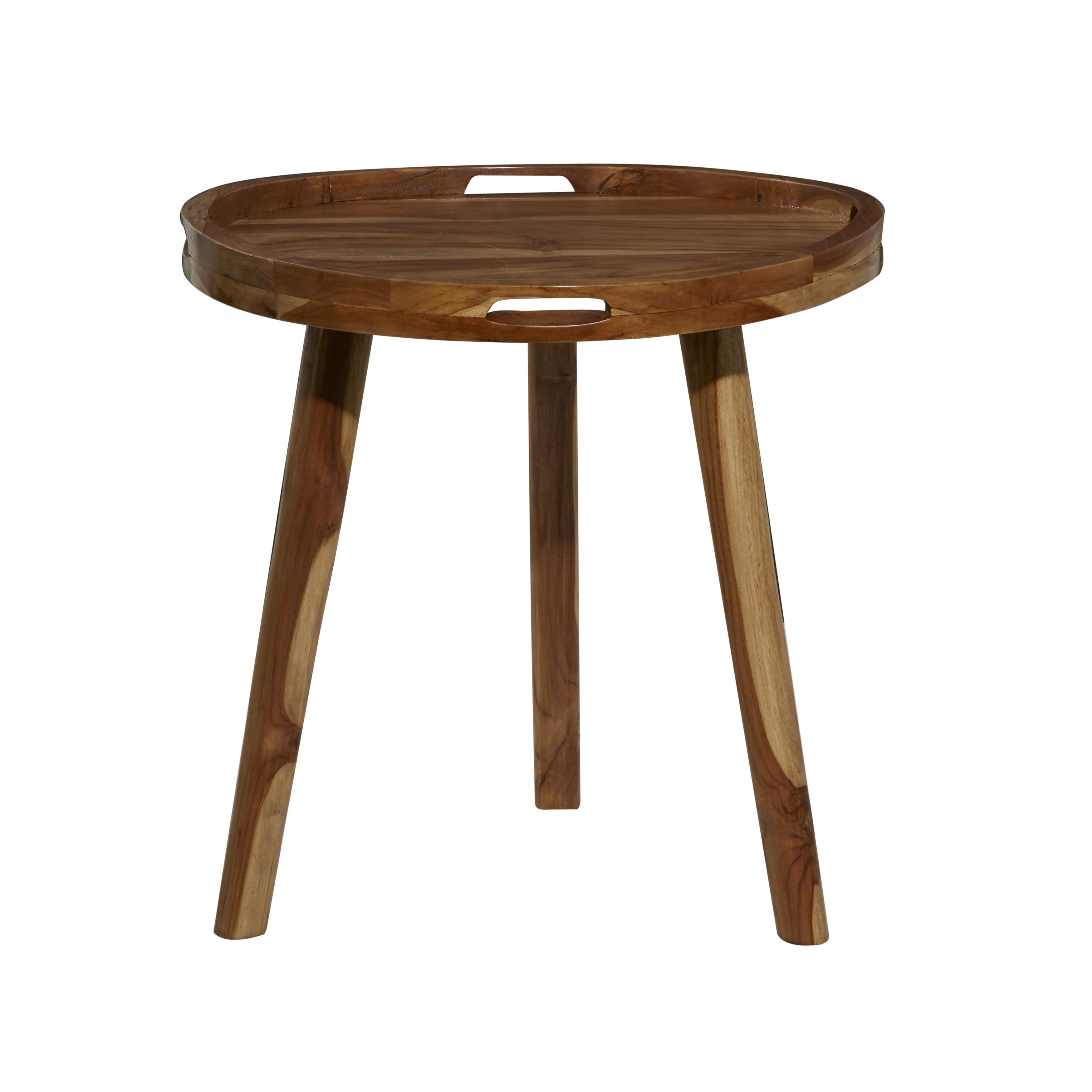 Brown Teak Wood Side End Accent Table with Tripod Legs and Slot Handles, 24" x 24" x 24"