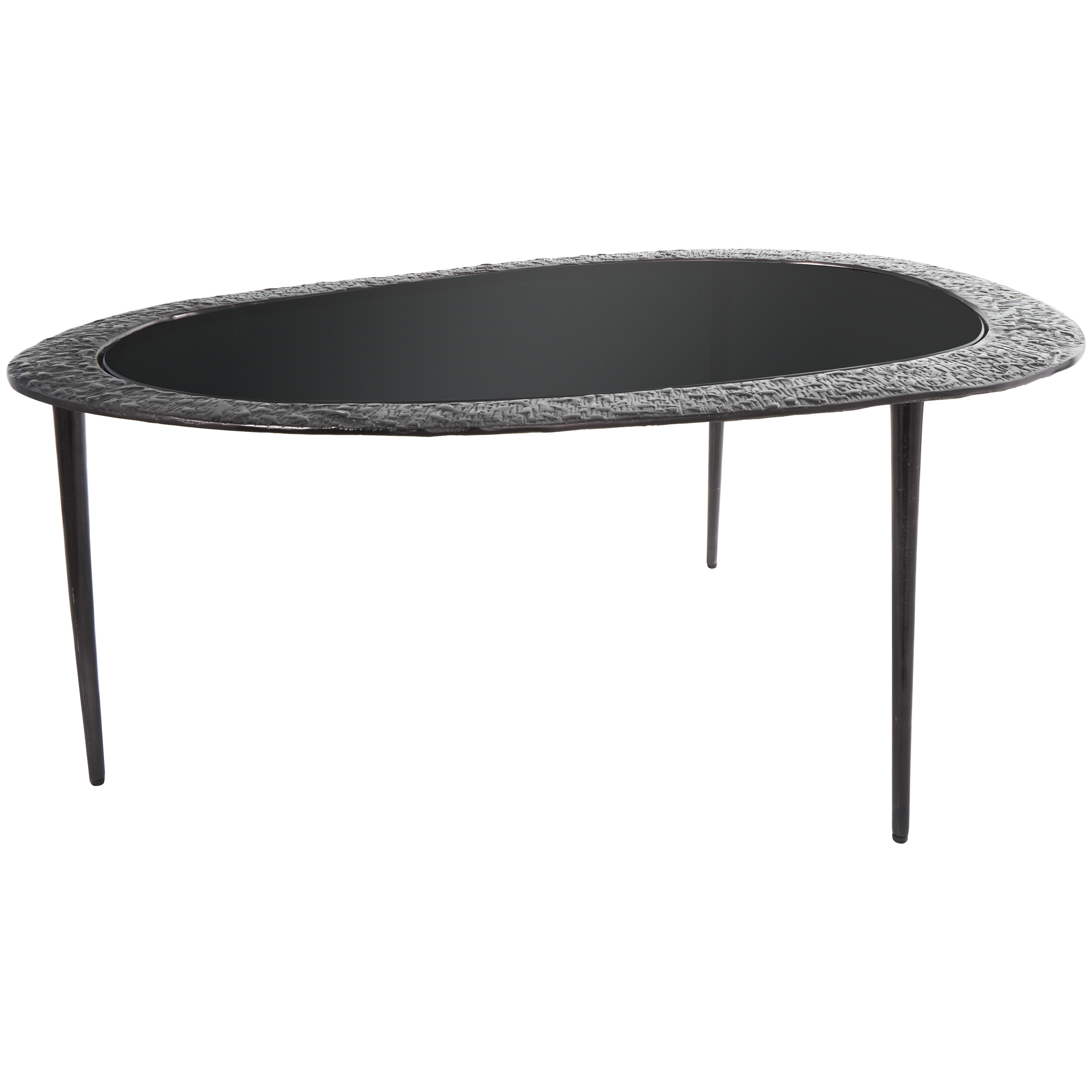 Black Aluminum Metal  Abstract Oval Shaped Living Room Coffee Table with Shaded Glass Top, 30" x 25" x 18"