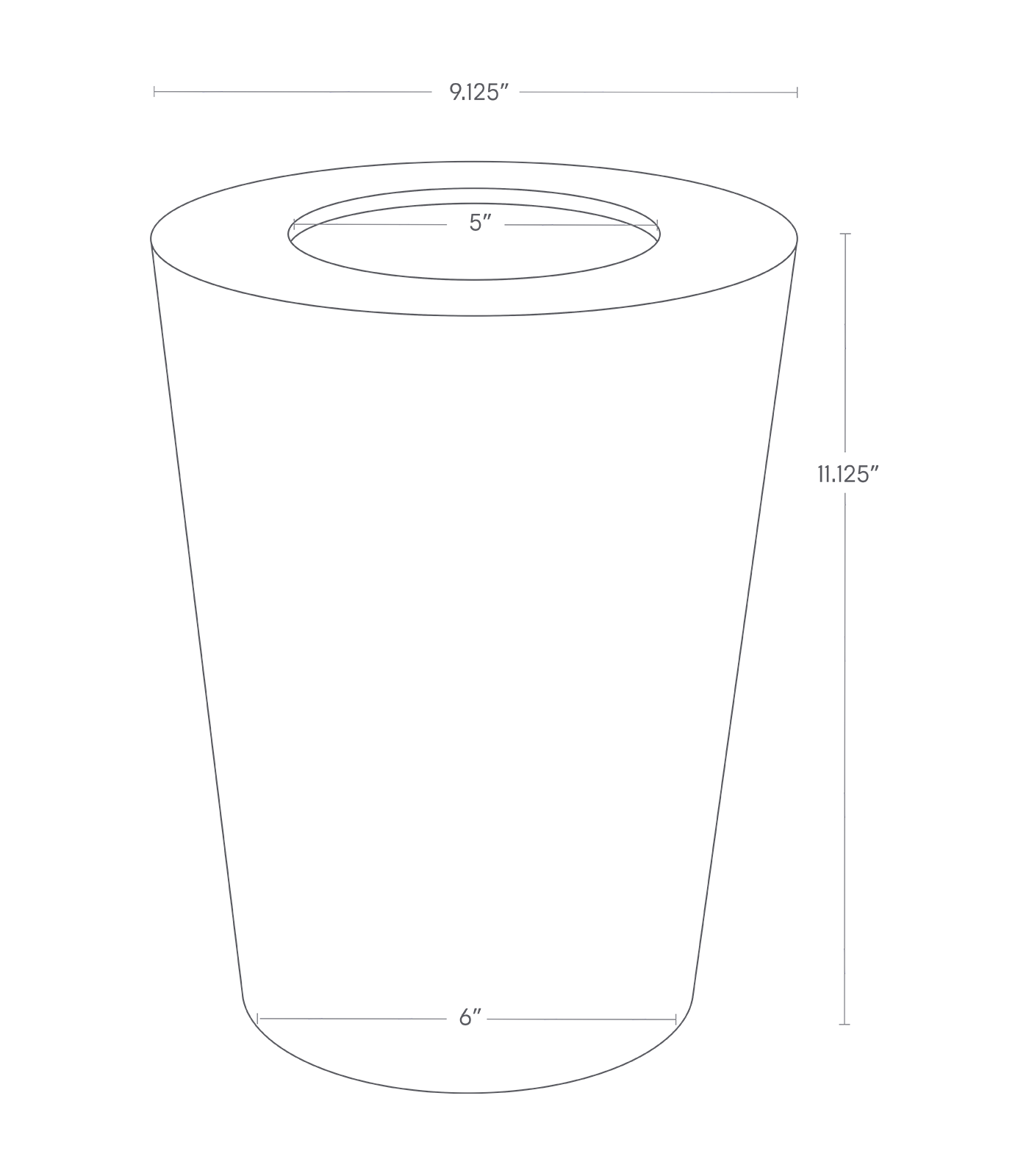 Dimension image for Trash Can - Round showing a bottom diameter of 6