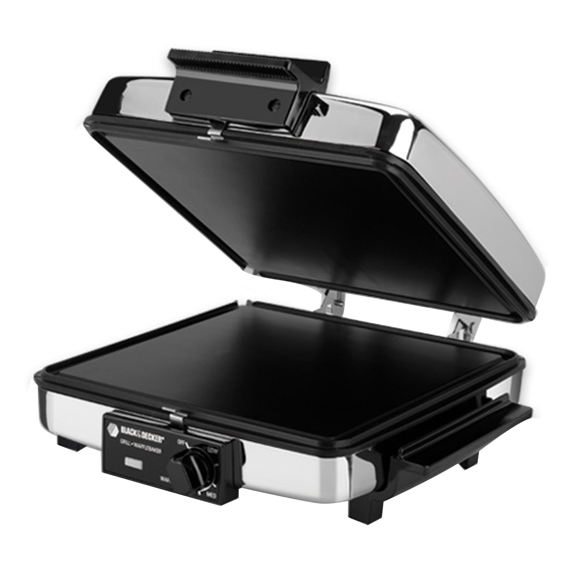 Profile of 3 in 1 grill, griddle, and waffle maker.