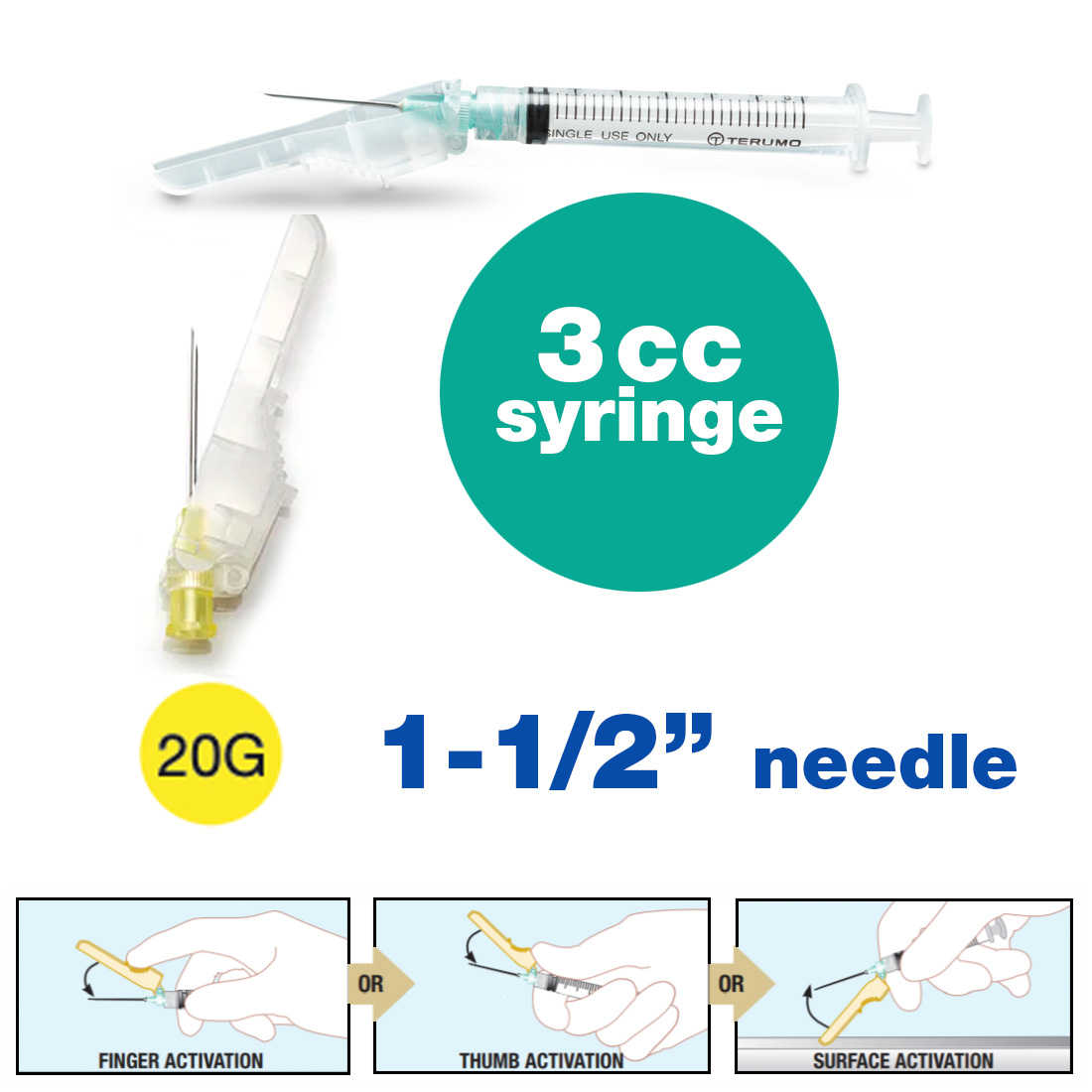 SurGuard® 3 Safety Hypodermic Needle, 3CC Syringe with 20G x 1 1/2" Needle - 100/Box
