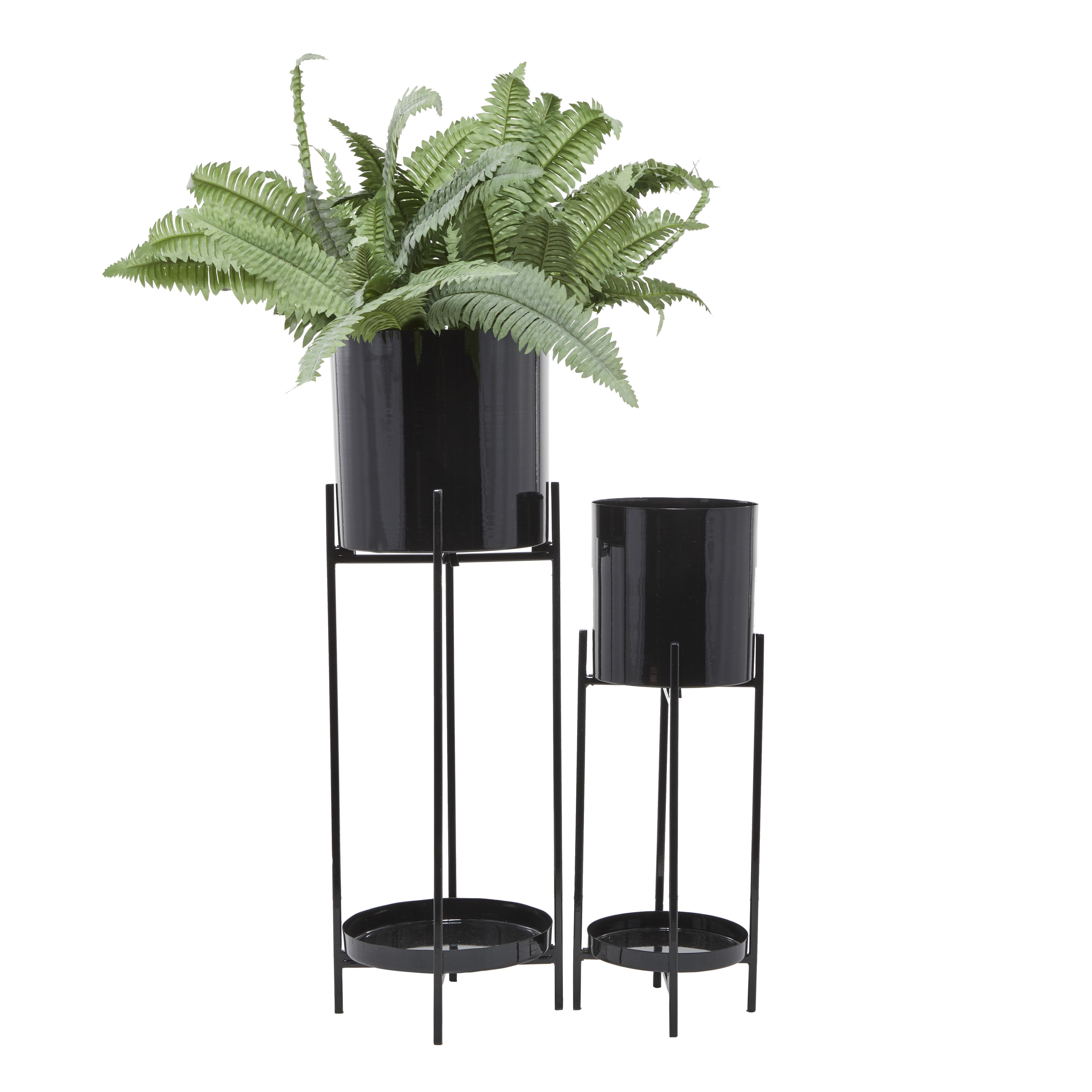 CosmoLiving by Cosmopolitan Black Metal  Indoor Outdoor Planter with Lower Shelf and Removable Stand, Set of 2 24", 32"H