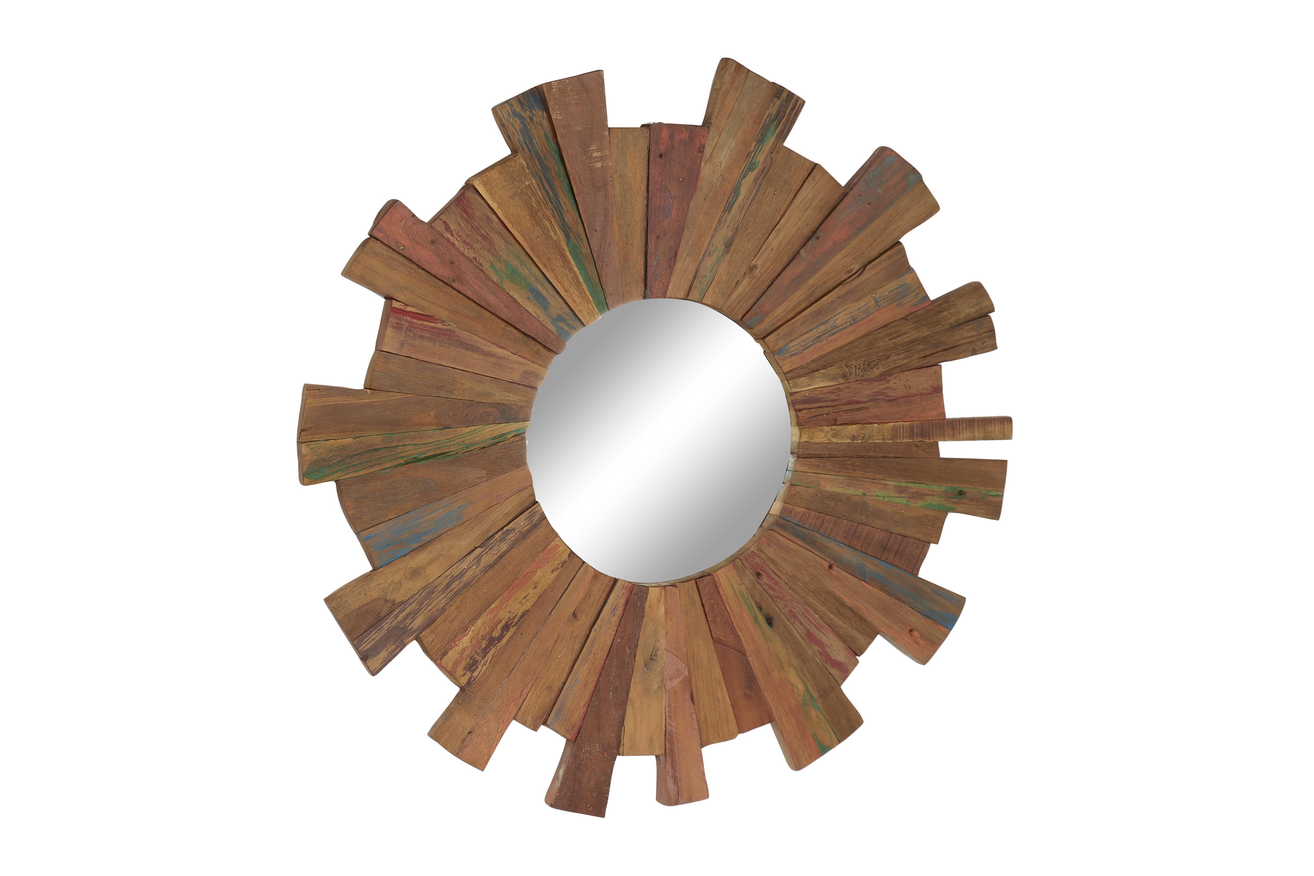 Distressed Brown Teak Wood  Wall Mirror, 36" x 2" x 36"