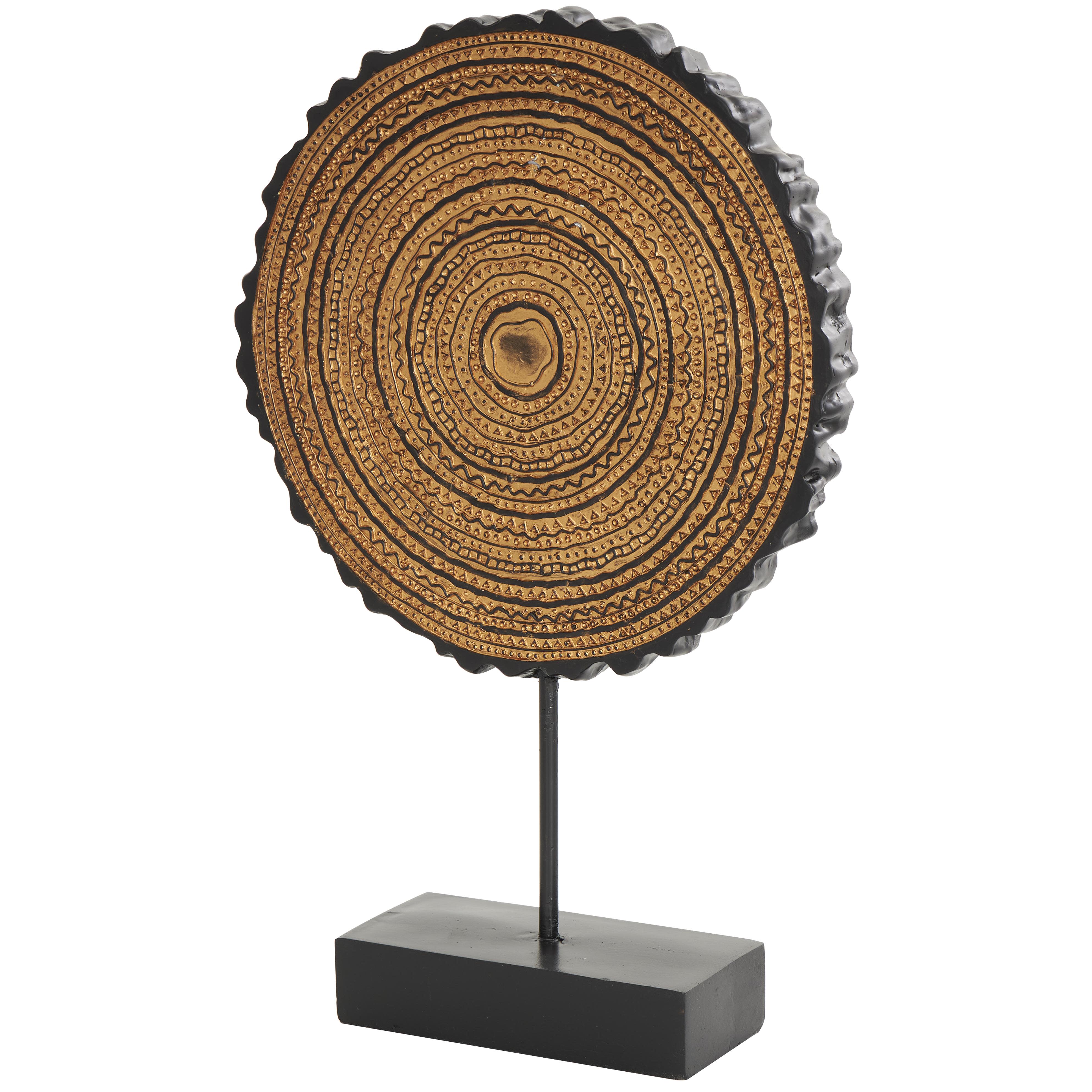 Brown Metal Tribal Carved Circular Decorative Sculpture with Black Stand and Wavy Edge, 11" x 3" x 17"