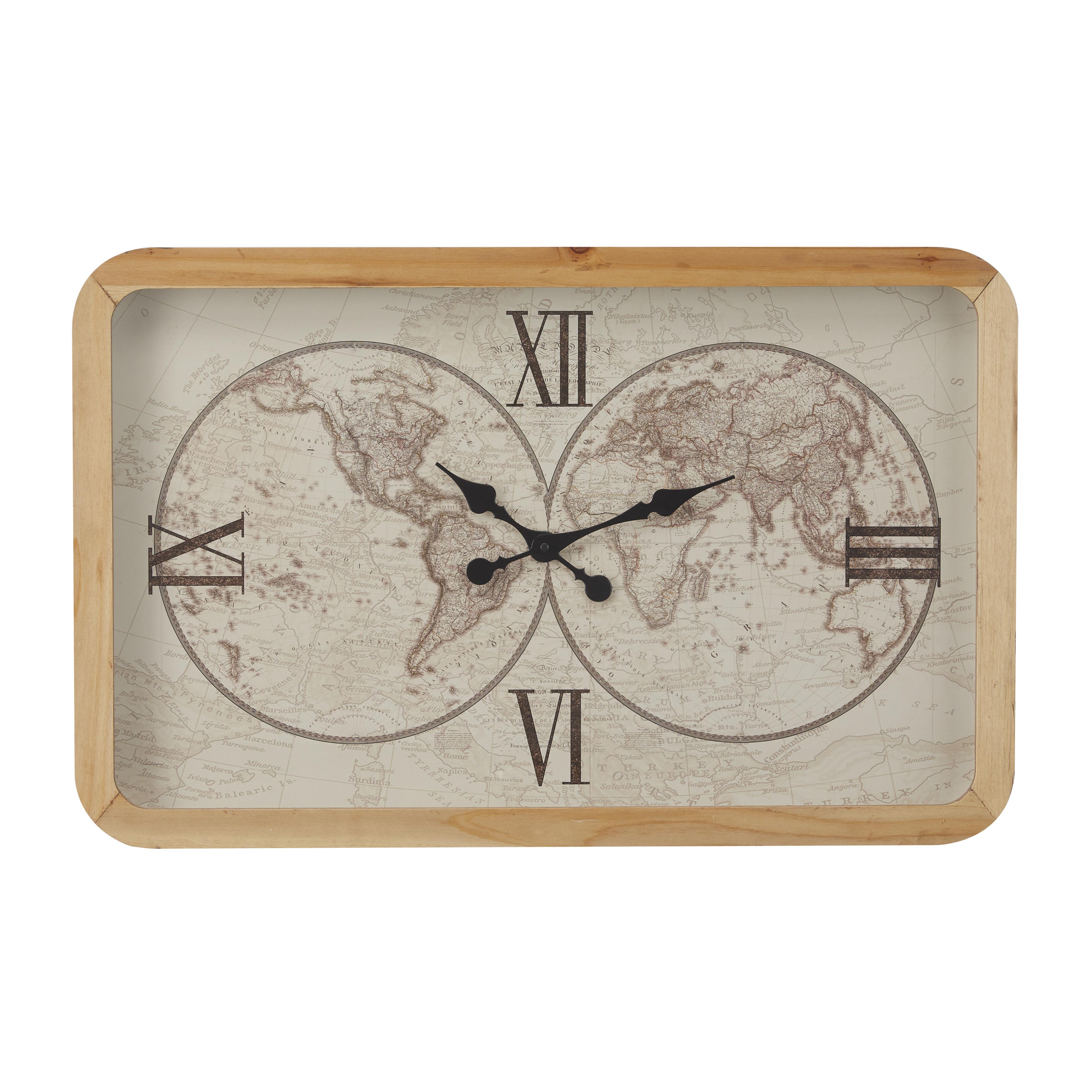 Brown Glass World Map Wall Clock, 31" x 3" x 20"