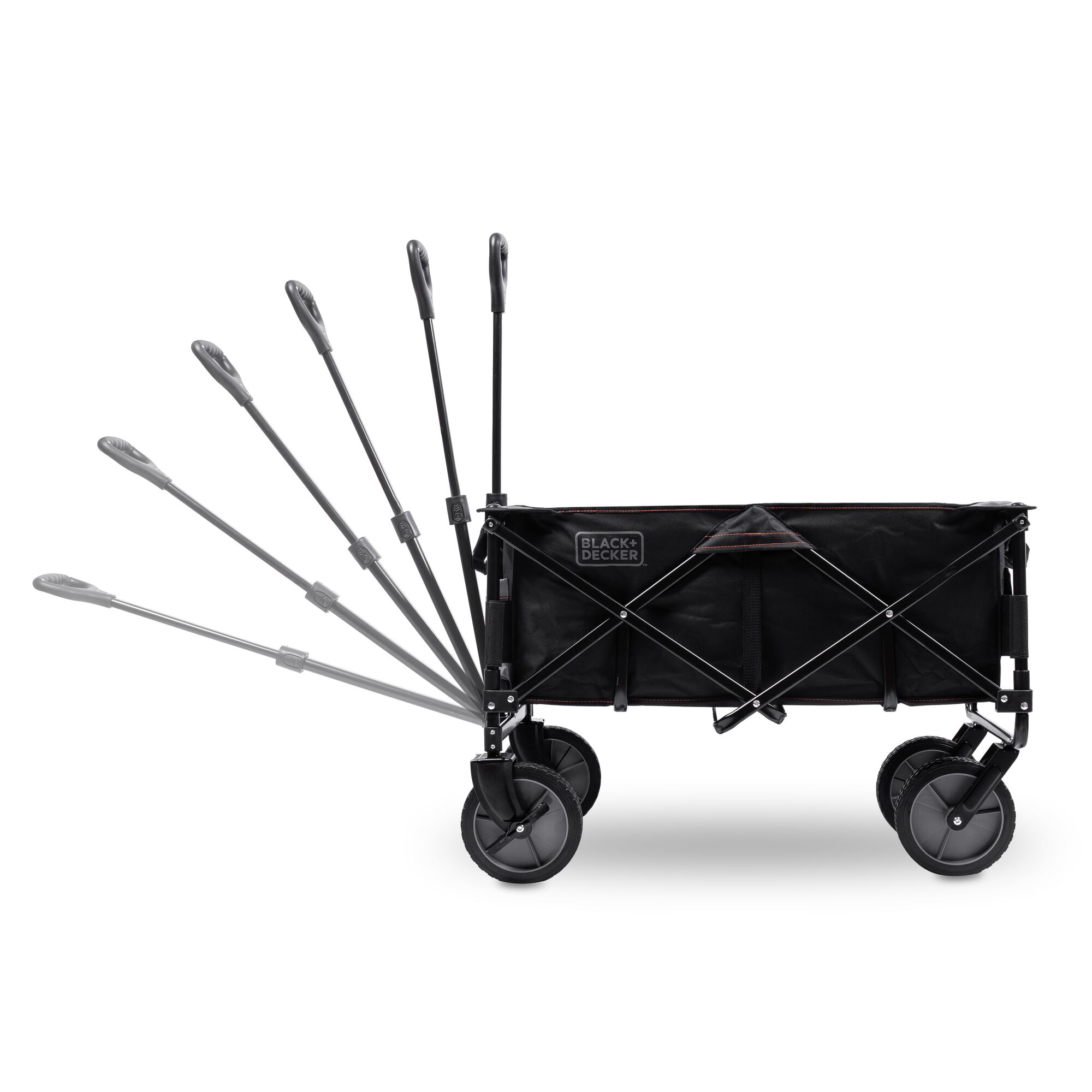 Side view of the BLACK+DECKER utility wagon, collapsible/folding wagon showing the different handle stops