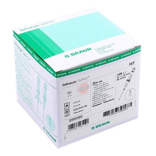 Introcan® Safety IV Catheter 20G x 1" Straight Teflon - 50/Box