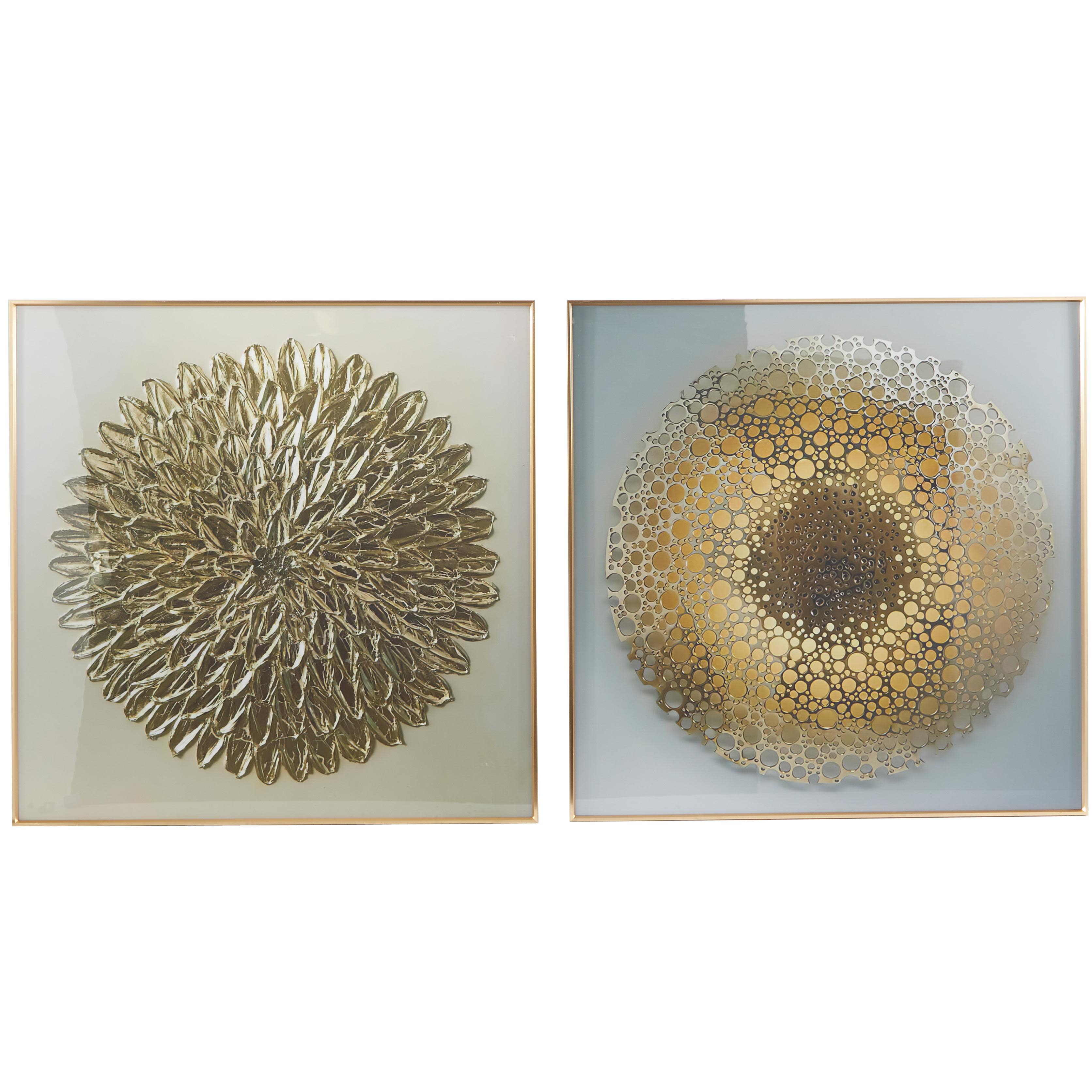 CosmoLiving by Cosmopolitan Gold Porcelain Ceramic Starburst Scales Living Room Wall Decor with Gold Aluminum Frame, Set of 2 32"W, 32"H