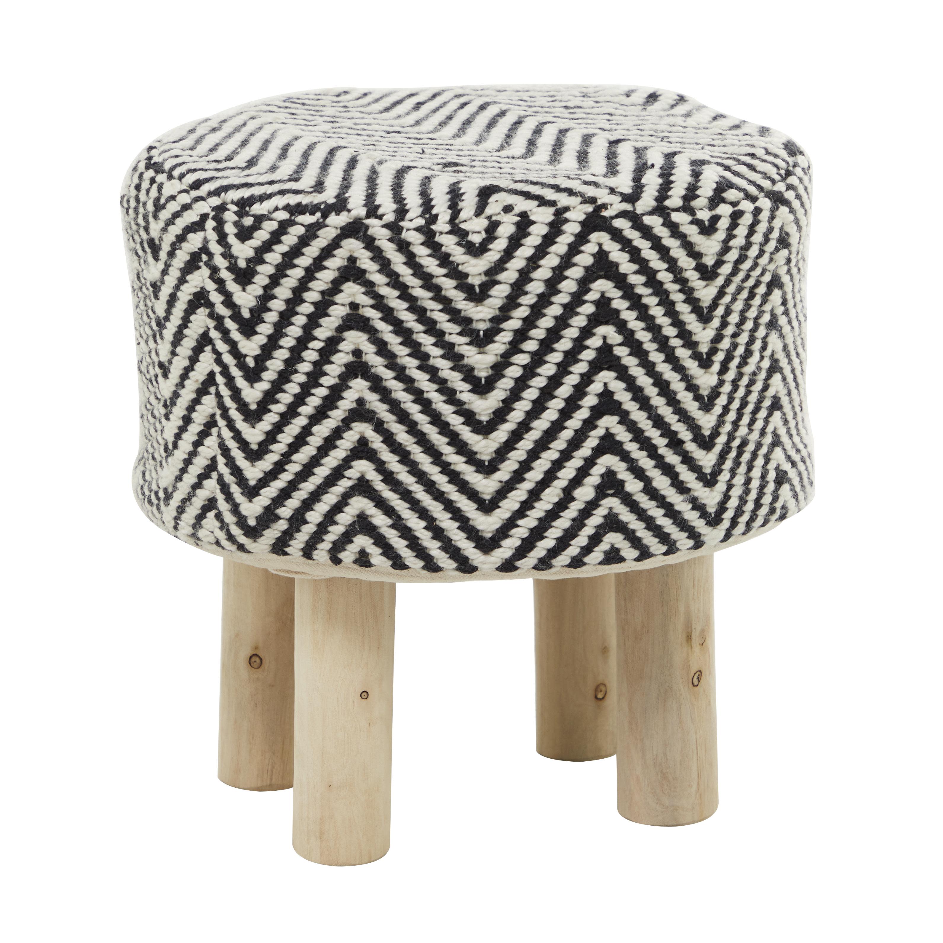 Black Polyester  Chevron Stool with Wood Legs, 16" x 16" x 17"