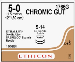 Chromic Gut Sutures, 5-0,  S-14 , 12" , 12/Box,  Double Needle