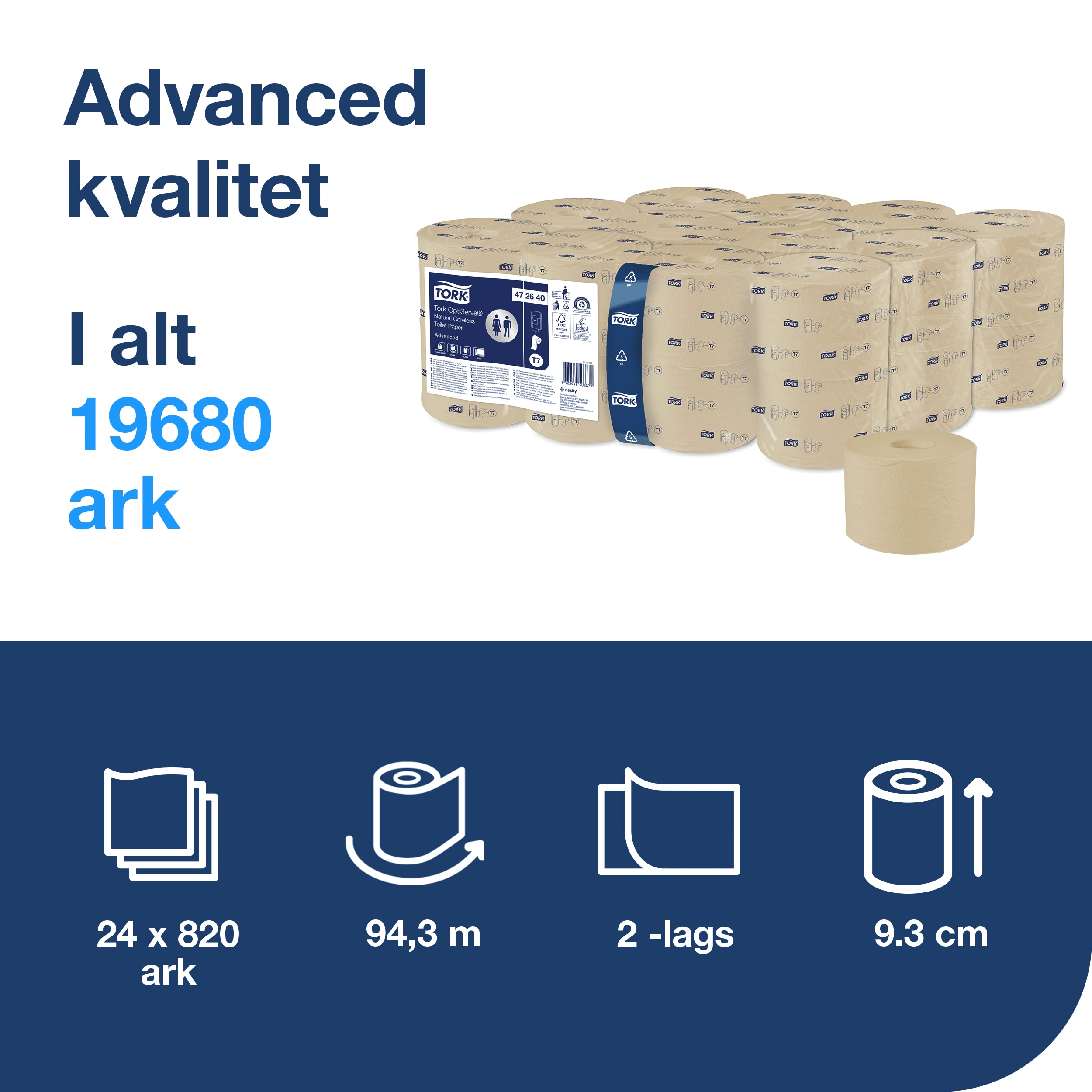 Toiletpapir, Udvendig oprulning, 2 lag, 24 ruller, OptiServe T7