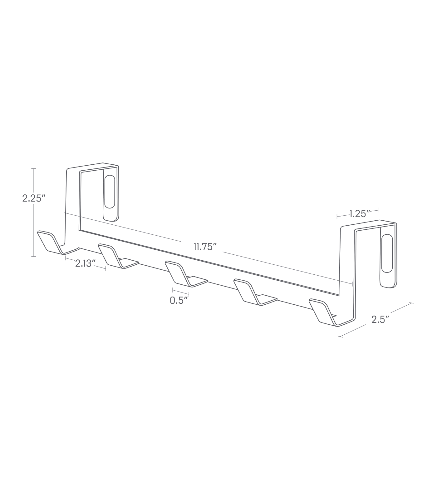 Dimension image for Over-the-Door Hanger showing length of 11.75", width of 2.5" and height of 2.25"