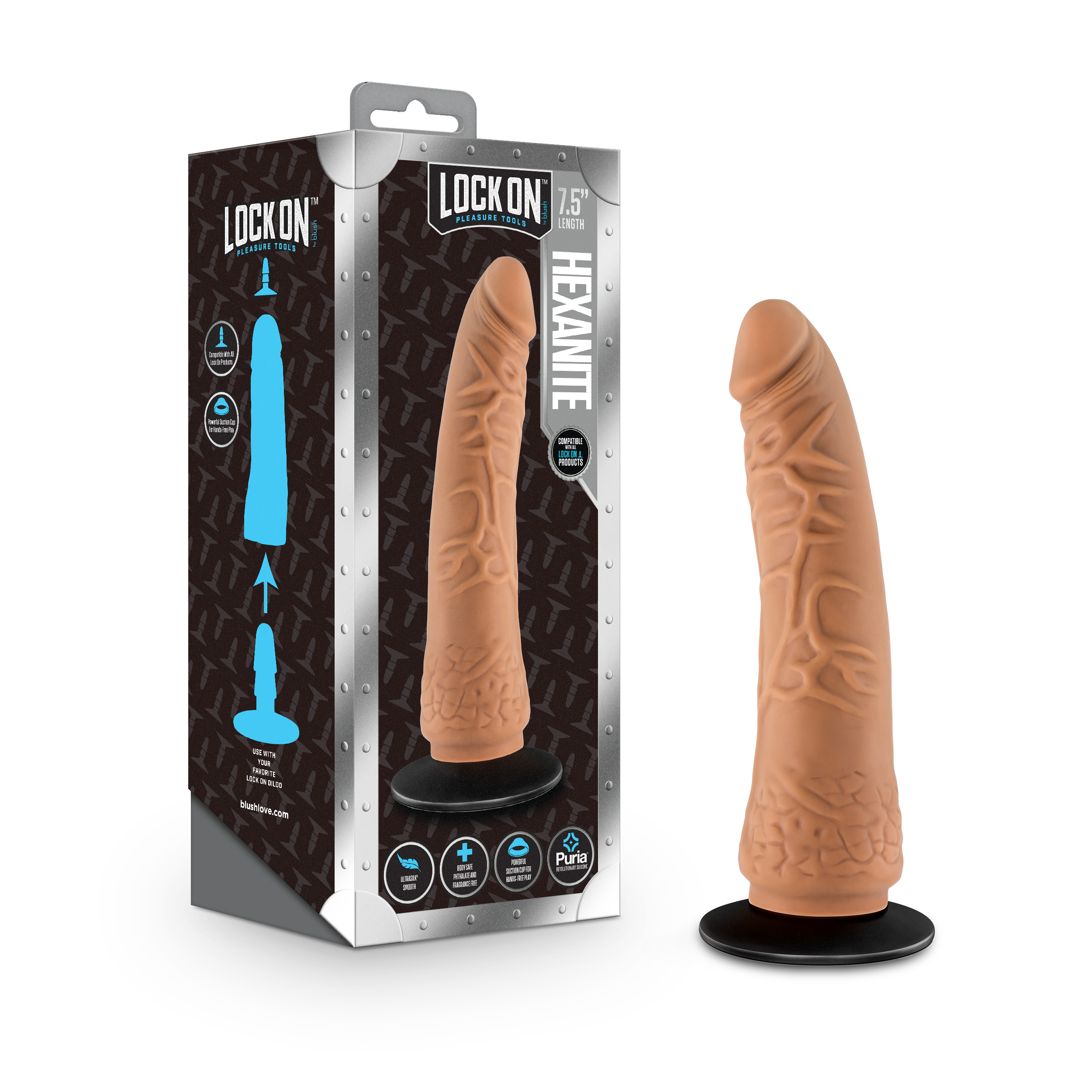 Blush Lock On Hexanite Realistic Mocha 7.5-Inch Long Dildo With Suction Cup Adapter