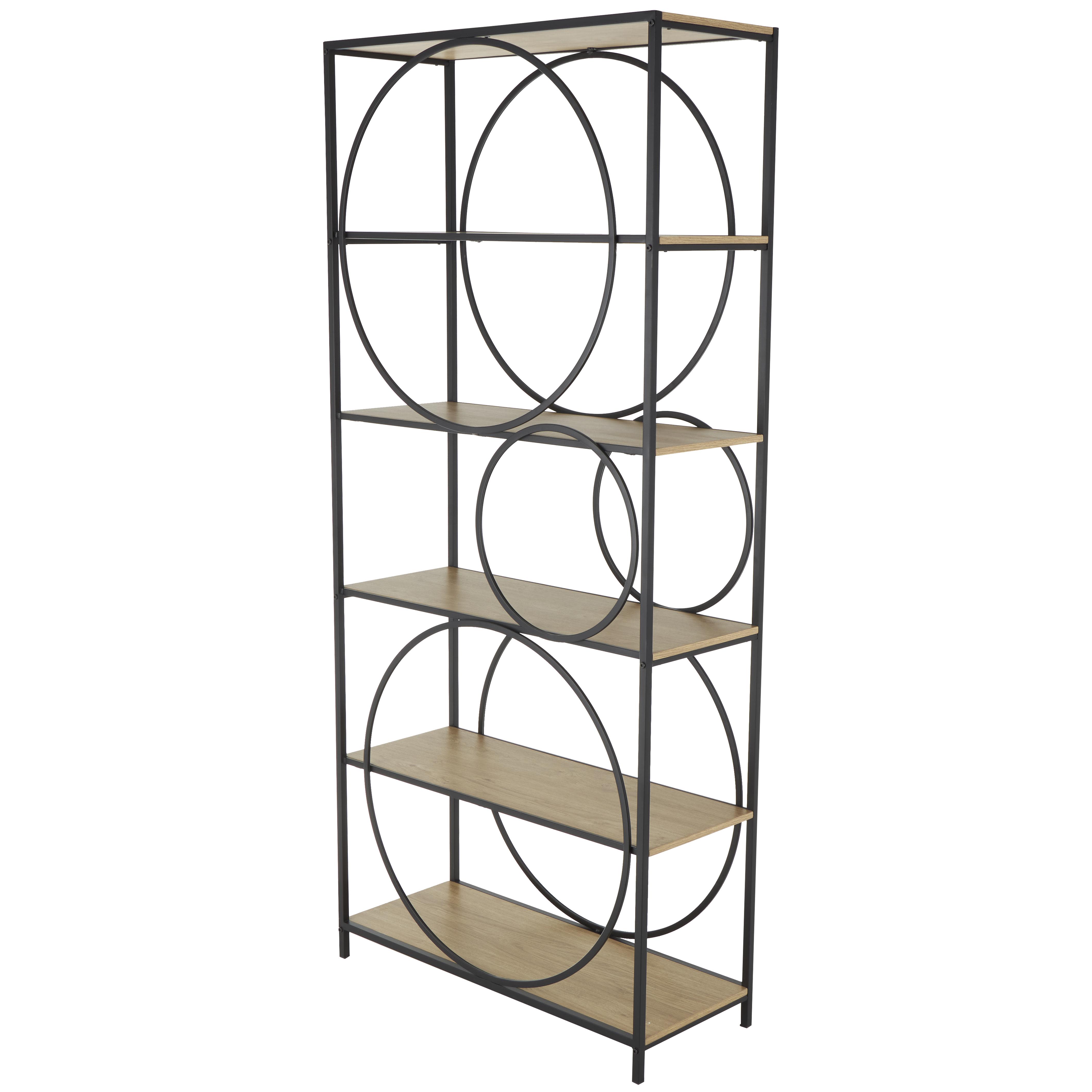 Black Metal Geometric Circle Storage Shelving Unit with Black Metal Frame, 32" x 13" x 71"