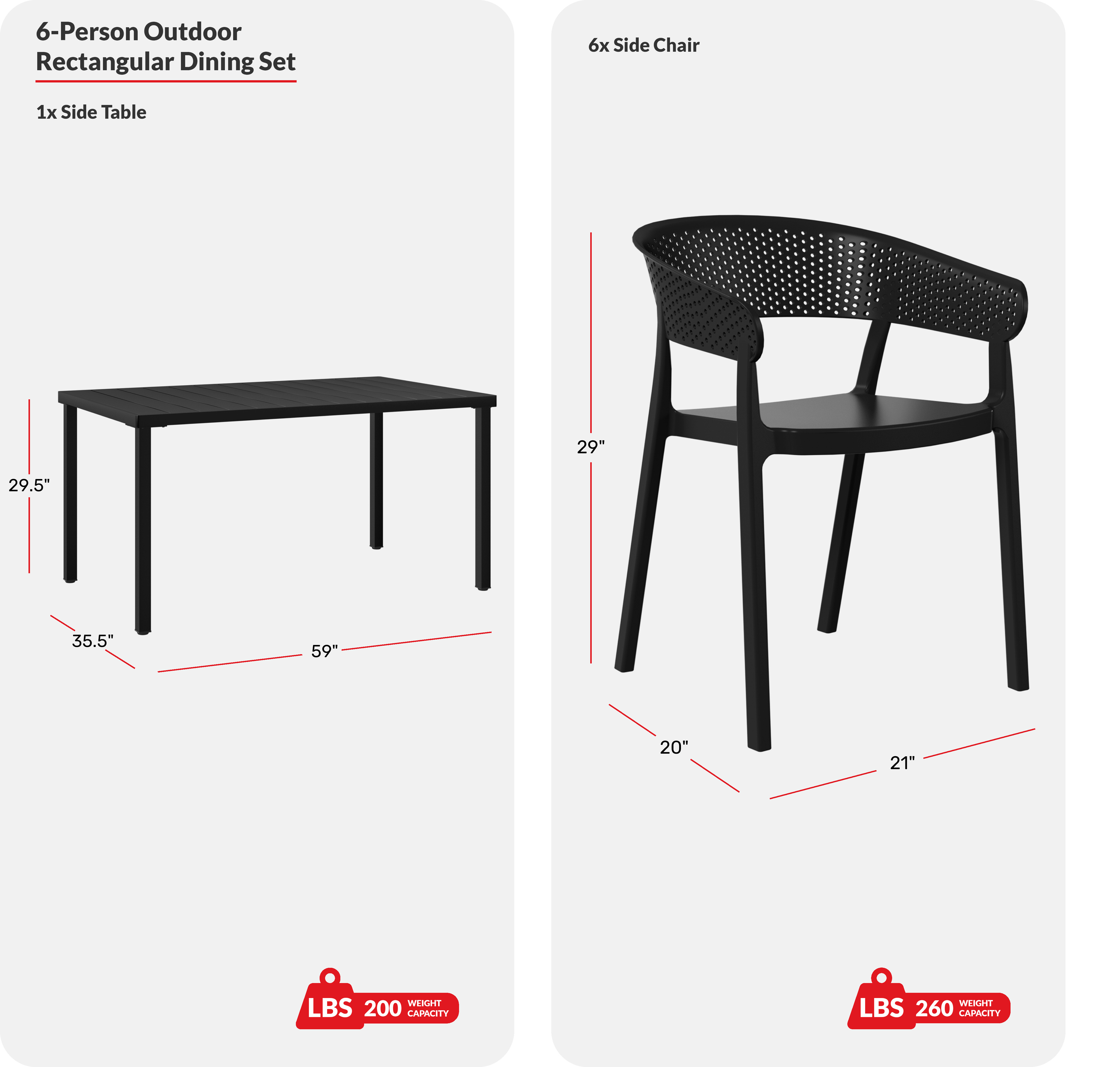 7-Piece Outdoor Metal Rectangle Patio Dining Table Set With Stackable Patio Dining ChairsCOS Spec Image