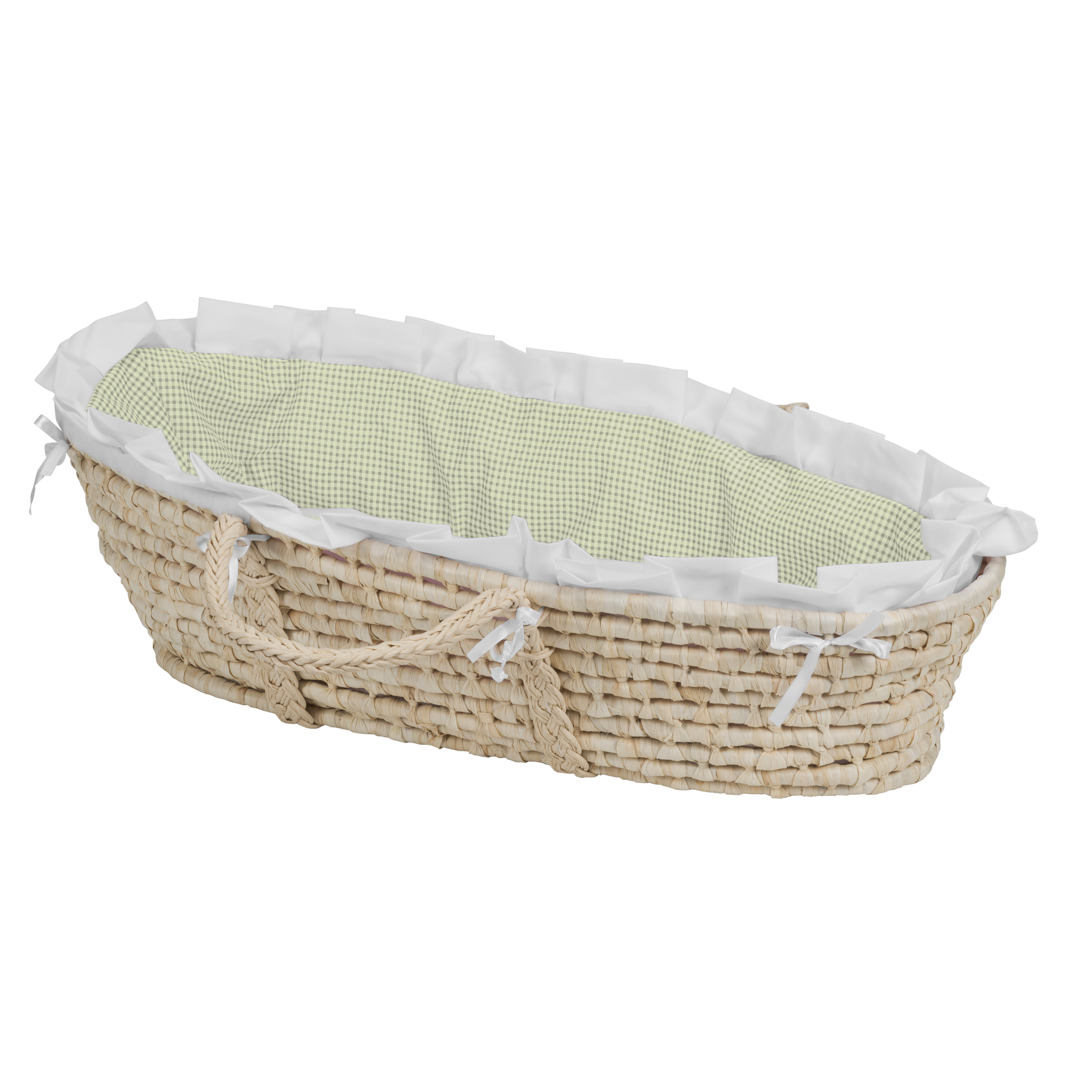 Natural Moses Basket - Sage Gingham Bedding