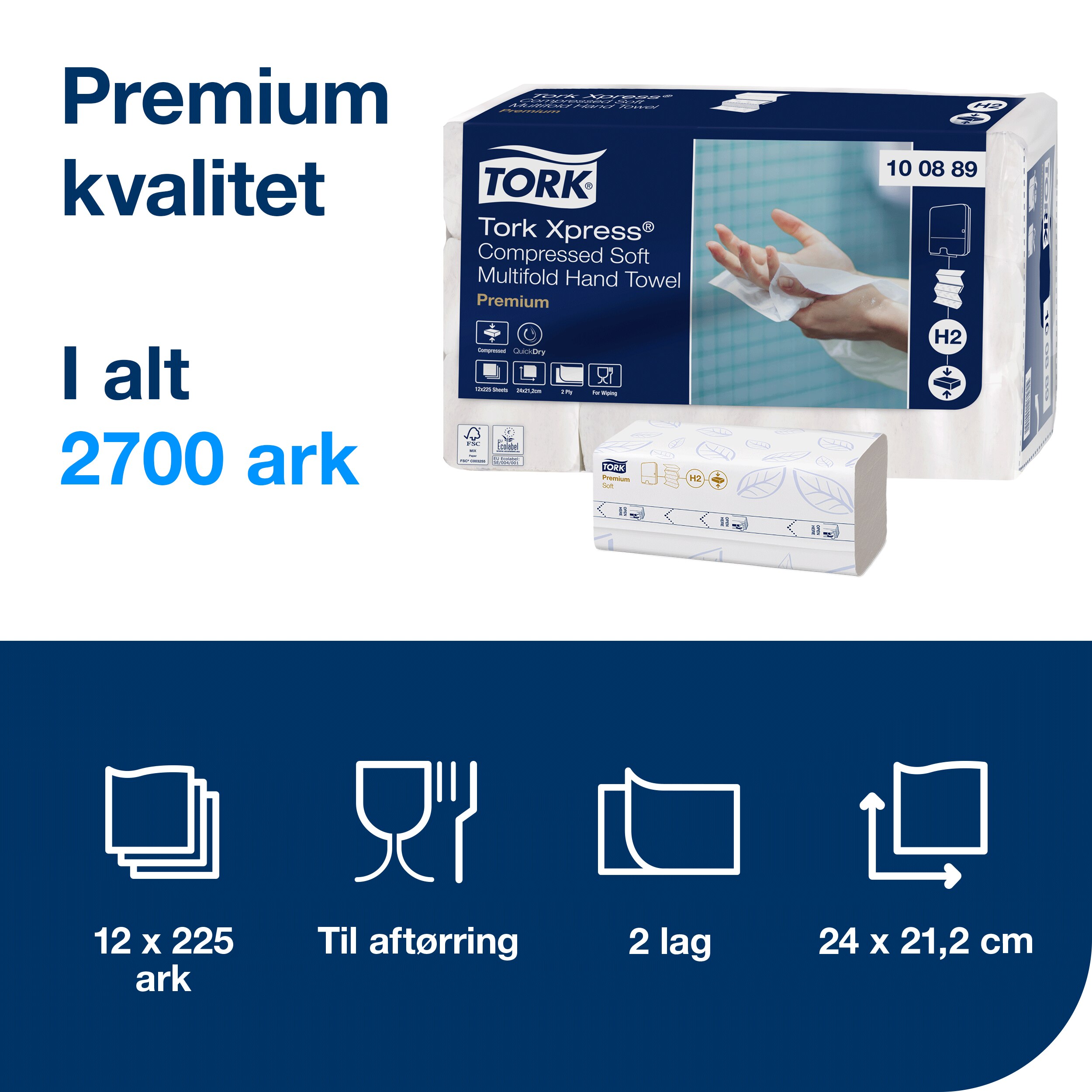 Håndklædeark, 2 lag, Z-fold, 2700 ark, Tork Premium H2