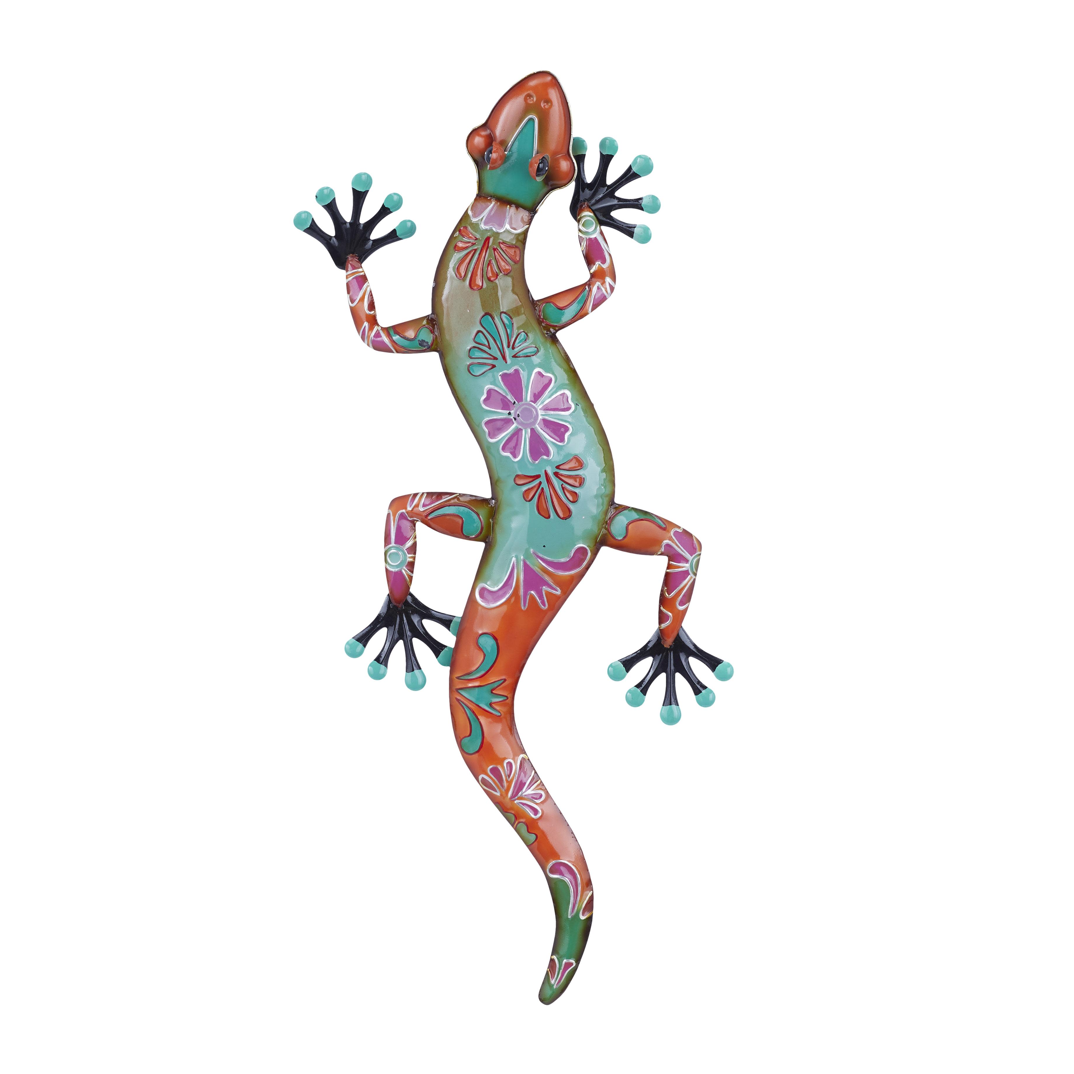 Orange Metal Lizard Indoor Outdoor Floral Patterned Home Wall Decor with Teal and Pink Accents, 18" x 3" x 33"